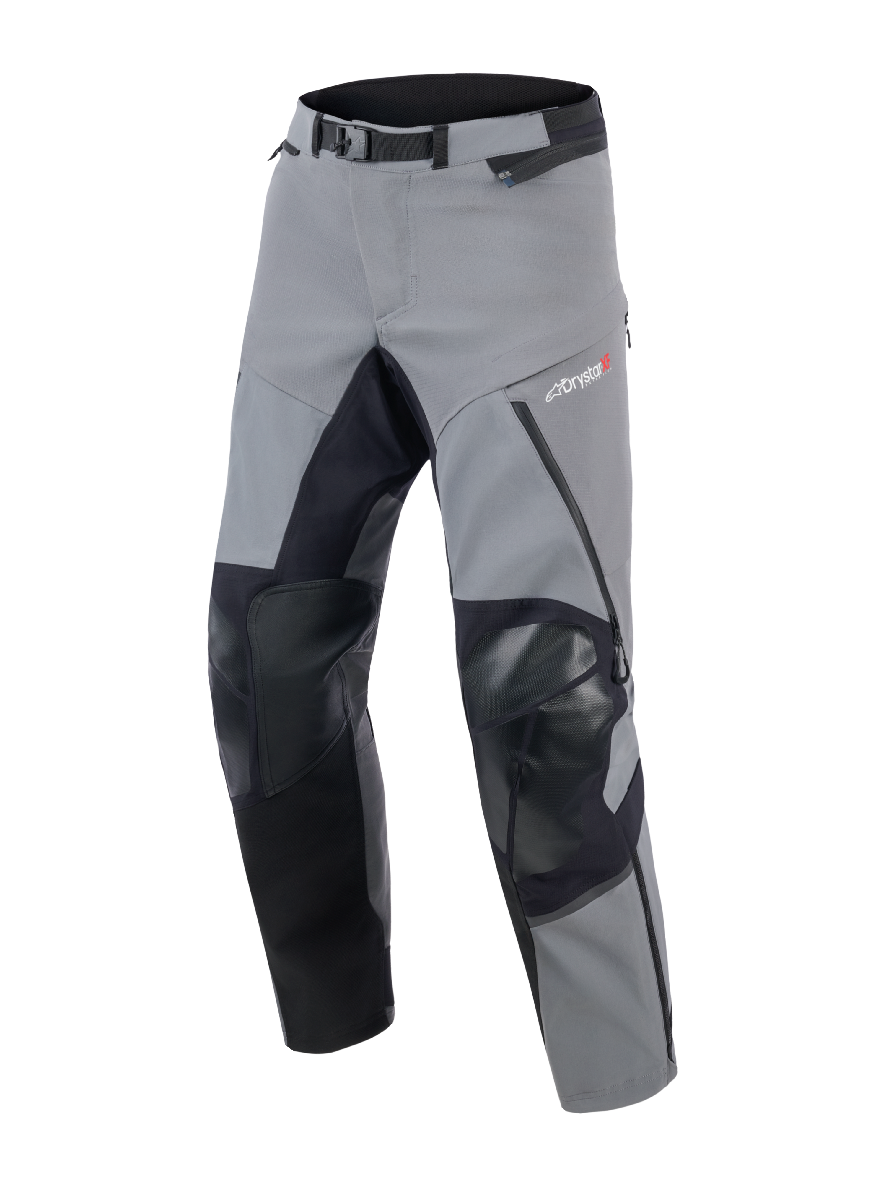 Alpinestars Andes Pro Drystar® XF bukser, adventure touring motorcykelbukser, mørkegrå og sort, med forstærkede sorte knæ- og inderbenpaneler, magnetisk taljespænde og Drystar XF-logo på låret, teknisk tekstildesign til ekstremt vejr