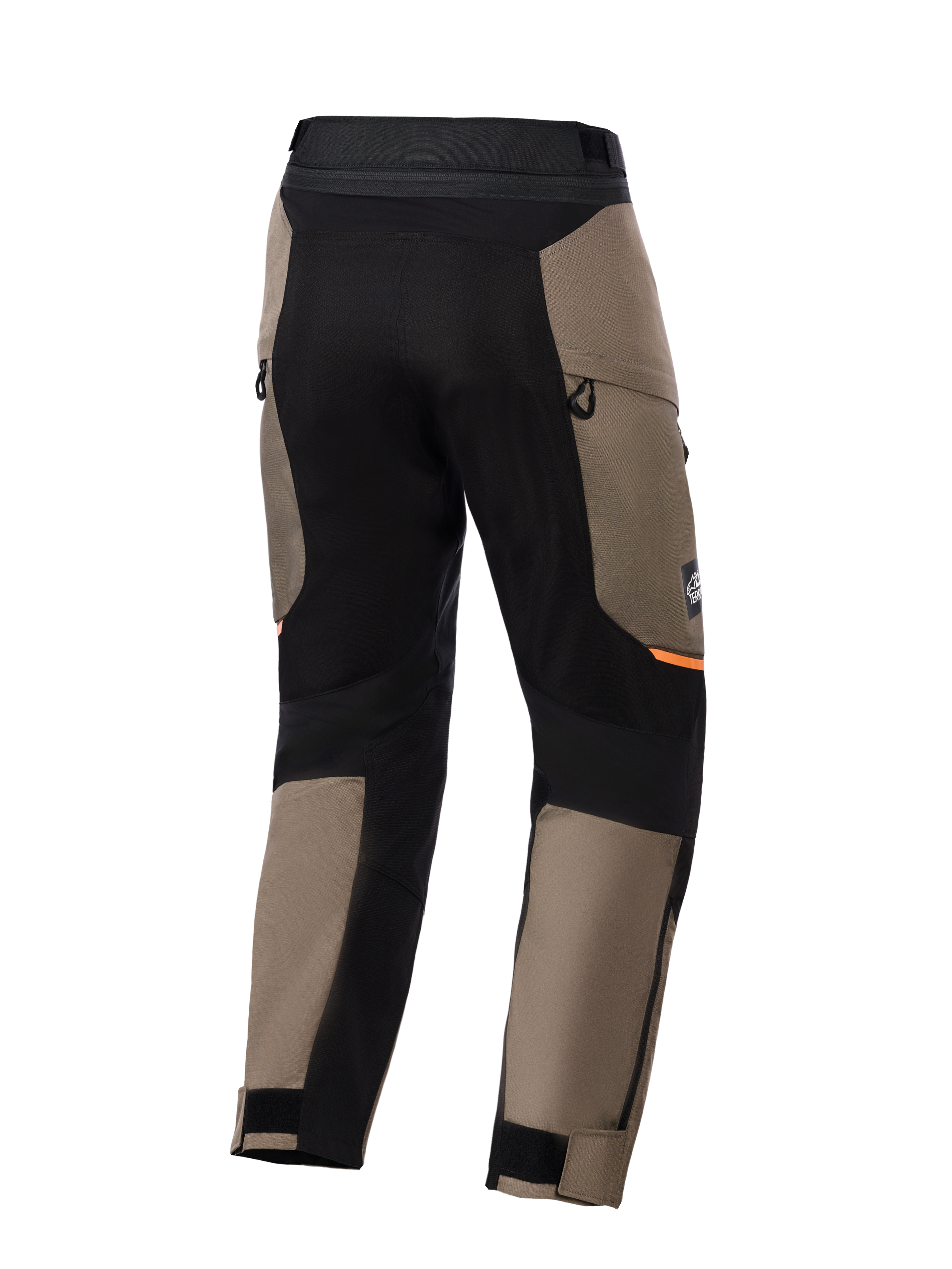 Alpinestars Cusco Drystar® bukser, adventure-motorcykelbukser, valnøddebrun og sort, set bagfra med sorte stretchpaneler, orange detaljer, ventilationsåbninger med lynlås og justerbare velcromanchetter til vejkørsel.
