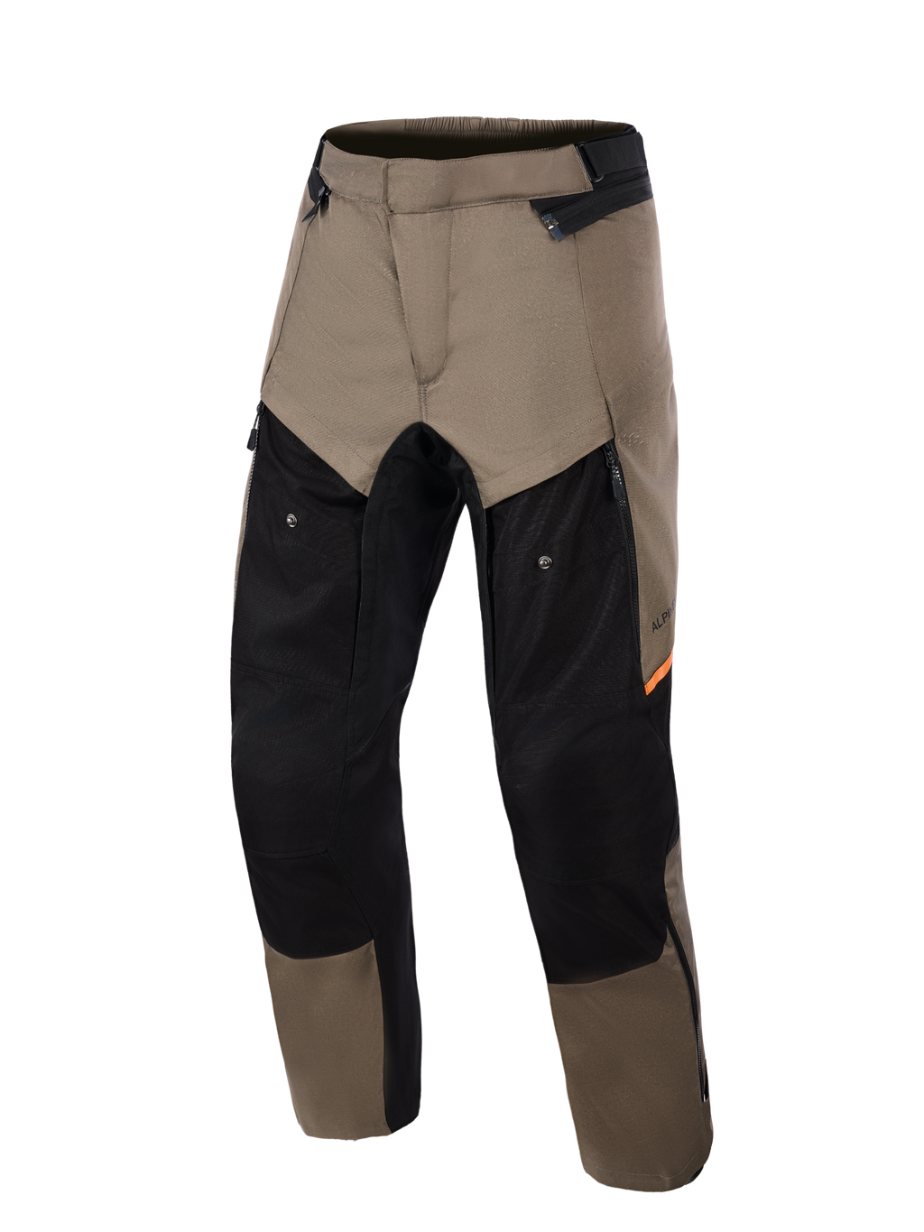 Alpinestars Cusco Drystar® bukser, Walnut Black adventure motorcykelbukser, set forfra, valnøddebrune og sorte paneler med orange detaljer, stor lårventilation med lynlås, holdbar tekstilkonstruktion