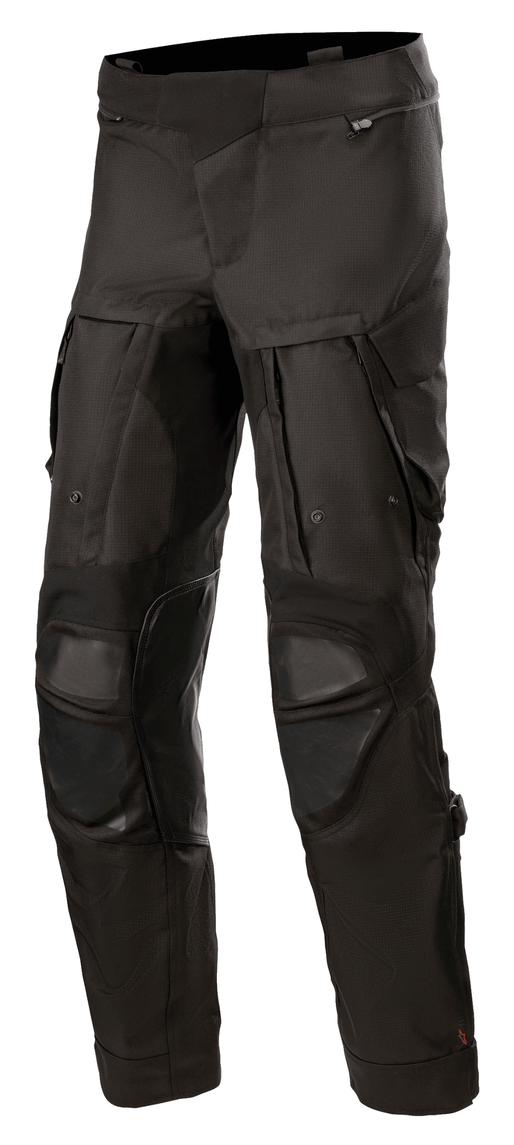 Alpinestars Halo Drystar® bukser, sorte adventure touring motorcykelbukser, store ventilationspaneler på lårene, forstærket knæbeskyttelse, lynlåslommer, holdbar tekstilkonstruktion til brug i flere sæsoner