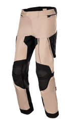 Alpinestars Halo Drystar Pants, Adventure Touring Motorcycle Pants, Dark Khaki and Black, featuring large thigh ventilation panels, reinforced black knee sections, and multi-panel textile construction with zippered pockets