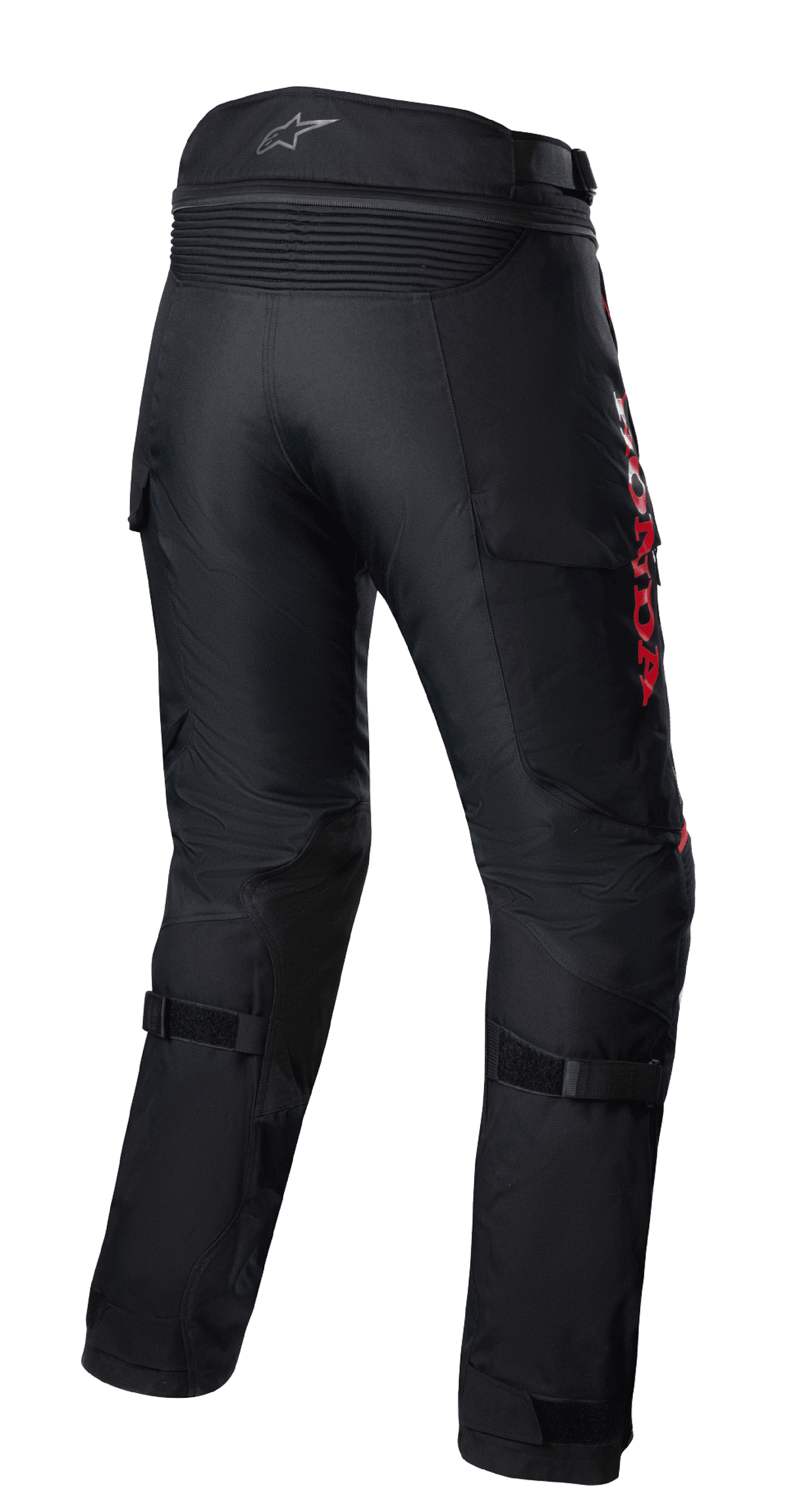 Alpinestars Honda Bogota' Pro Drystar® Pants, Adventure Motorcycle Touring Pants, Black with Red HONDA branding, back view featuring accordion stretch panels at the waist, adjustable straps on the calves, and durable textile construction for multi-season adventure riding.