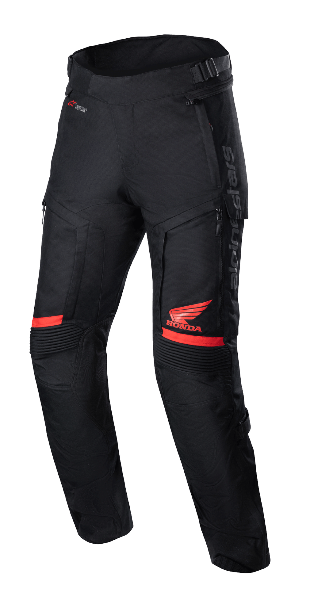 Honda Bogota' Pro Drystar® Pants, Motorcycle Touring Pants, Black and Red, featuring red Honda Wing logo on the thigh, accordion stretch panels at the knees, technical textile construction, adjustable waist straps, and Alpinestars branding