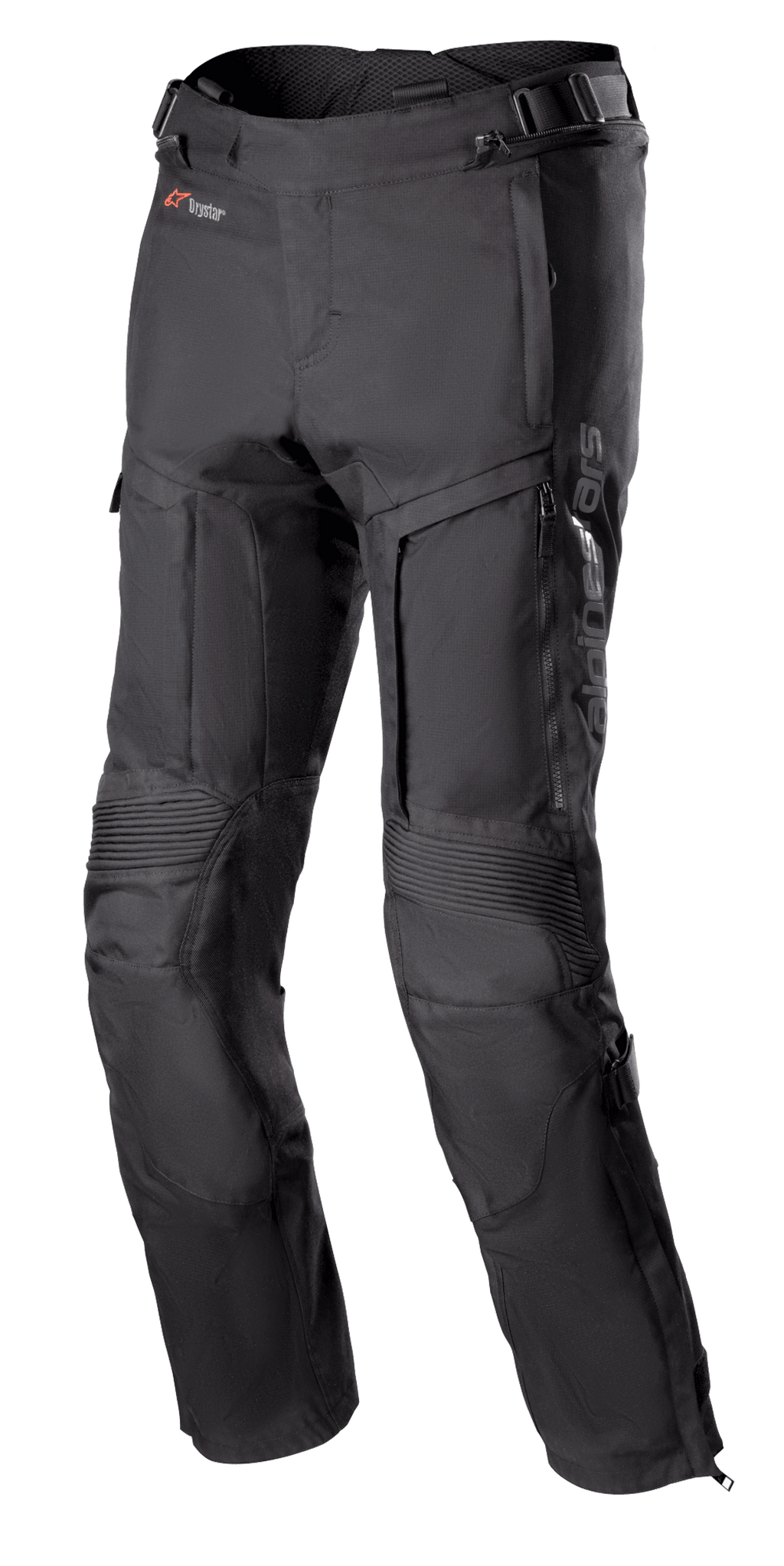 Alpinestars Bogota Pro Drystar 3 Seasons bukser, sorte motorcykeltouring-bukser, lynlåsventilation på lårene, harmonika-strækpaneler ved knæene, justerbare taljestropper og holdbart tekstilmateriale med Drystar-branding