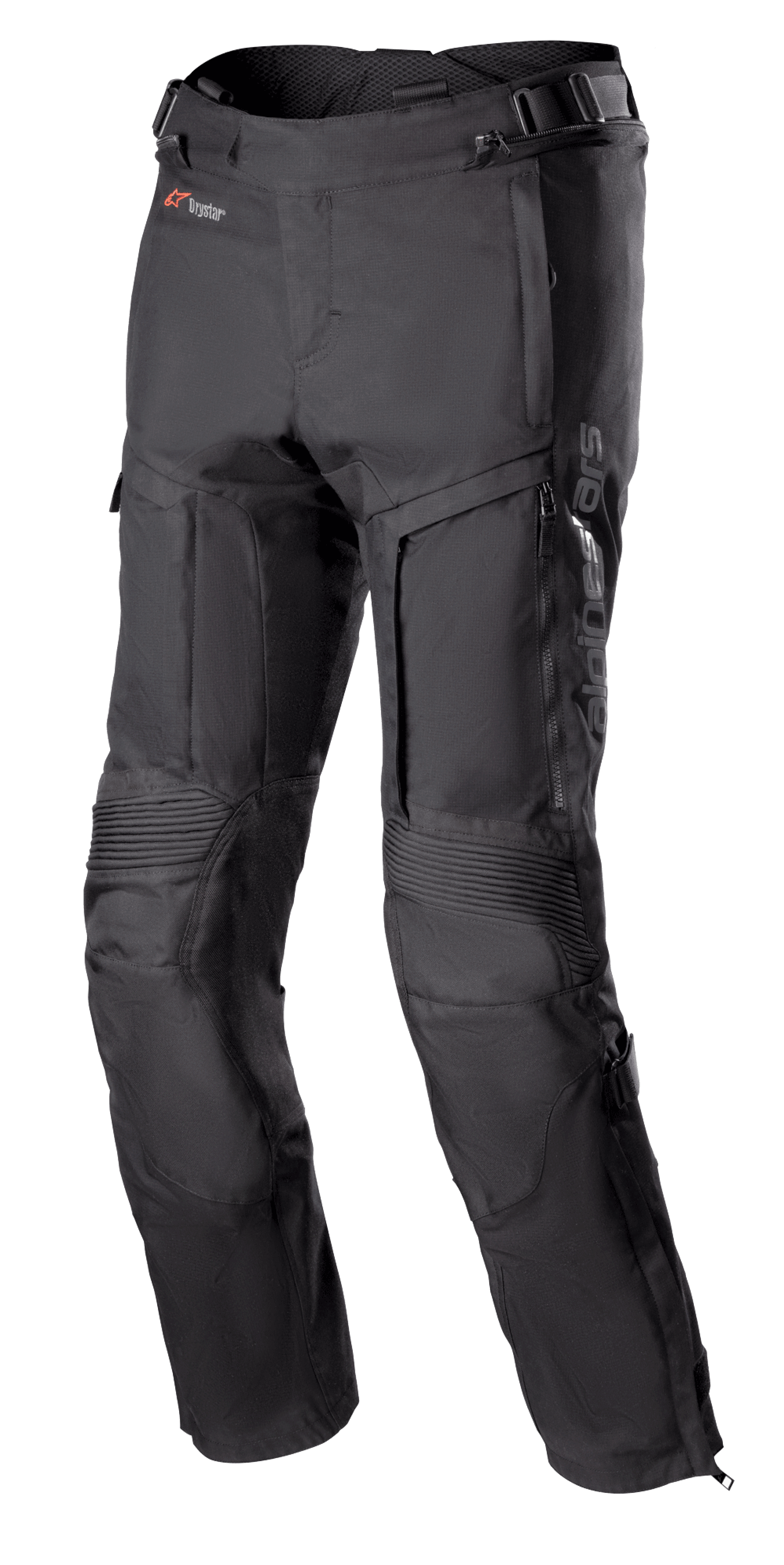 Alpinestars Bogota Pro Drystar 3 Seasons bukser, sorte motorcykeltouring-bukser, lynlåsventilation på lårene, harmonika-strækpaneler ved knæene, justerbare taljestropper og holdbart tekstilmateriale med Drystar-branding