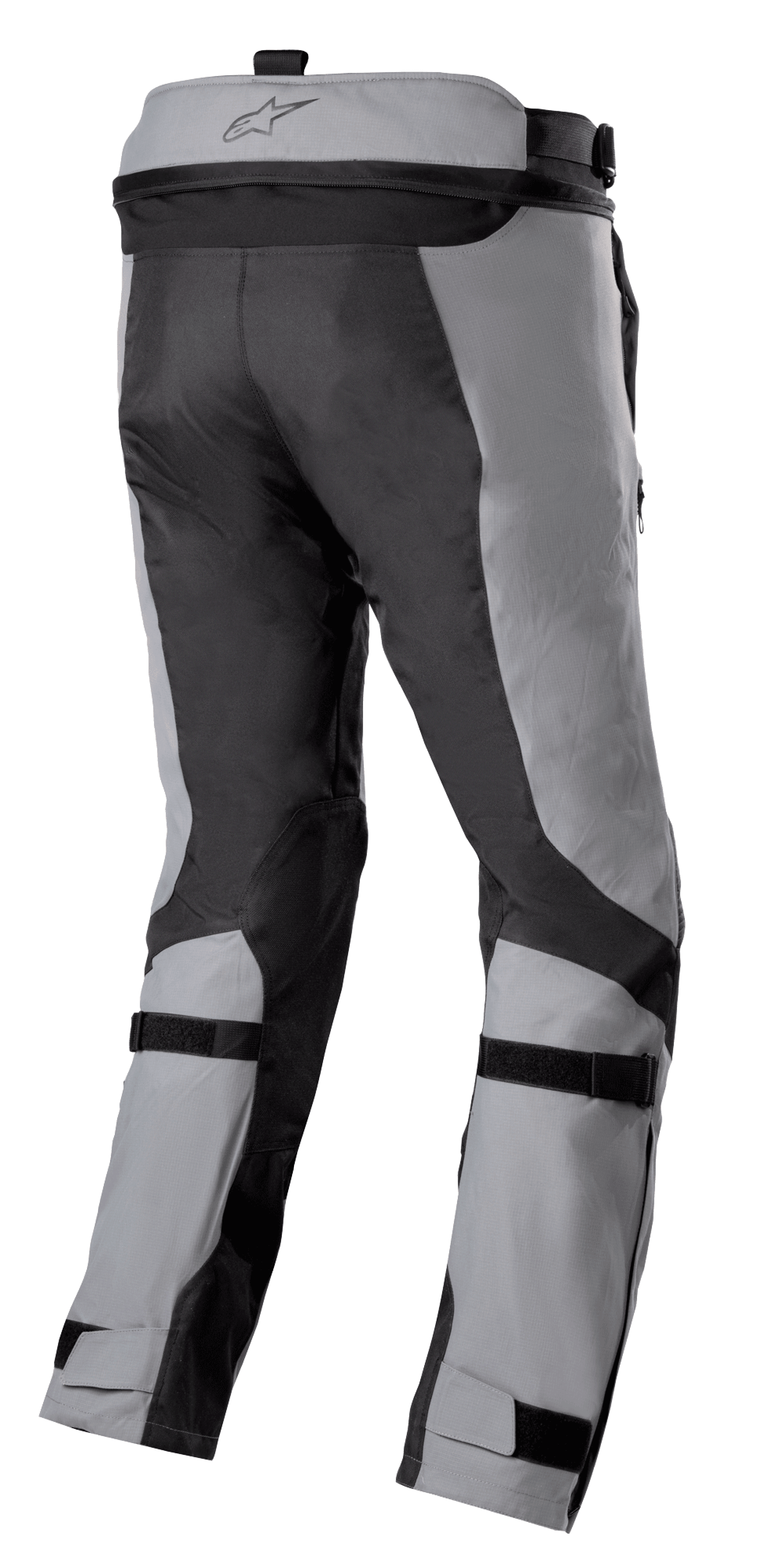 Alpinestars Bogotá Pro Drystar® 3 Seasons bukser, adventure touring motorcykelbukser, mørkegrå og lysegrå, set bagfra med justerbare læg- og ankelremme, lynlås til sammenkobling i taljen og slidstærke ripstop-tekstilpaneler.