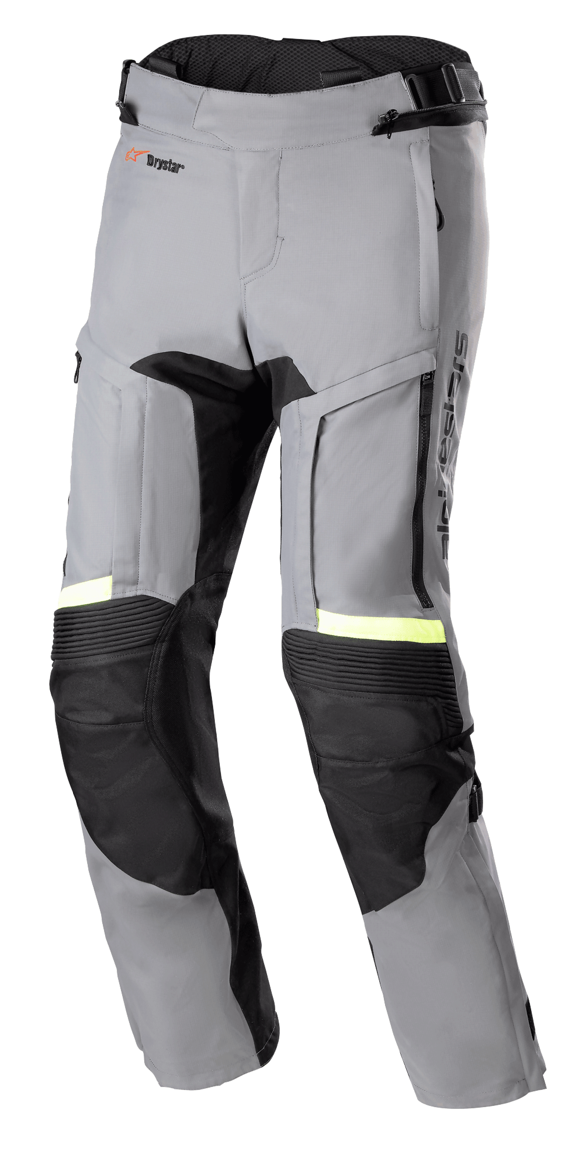 Alpinestars Bogota' Pro Drystar® 3 Seasons bukser, mørkegrå og sorte motorcykel adventure touringbukser, neongule fluorescerende refleksdetaljer, med ventilationspaneler med lynlås på lårene, harmonika-stræk ved knæene og forstærkede beskyttelsespaneler.