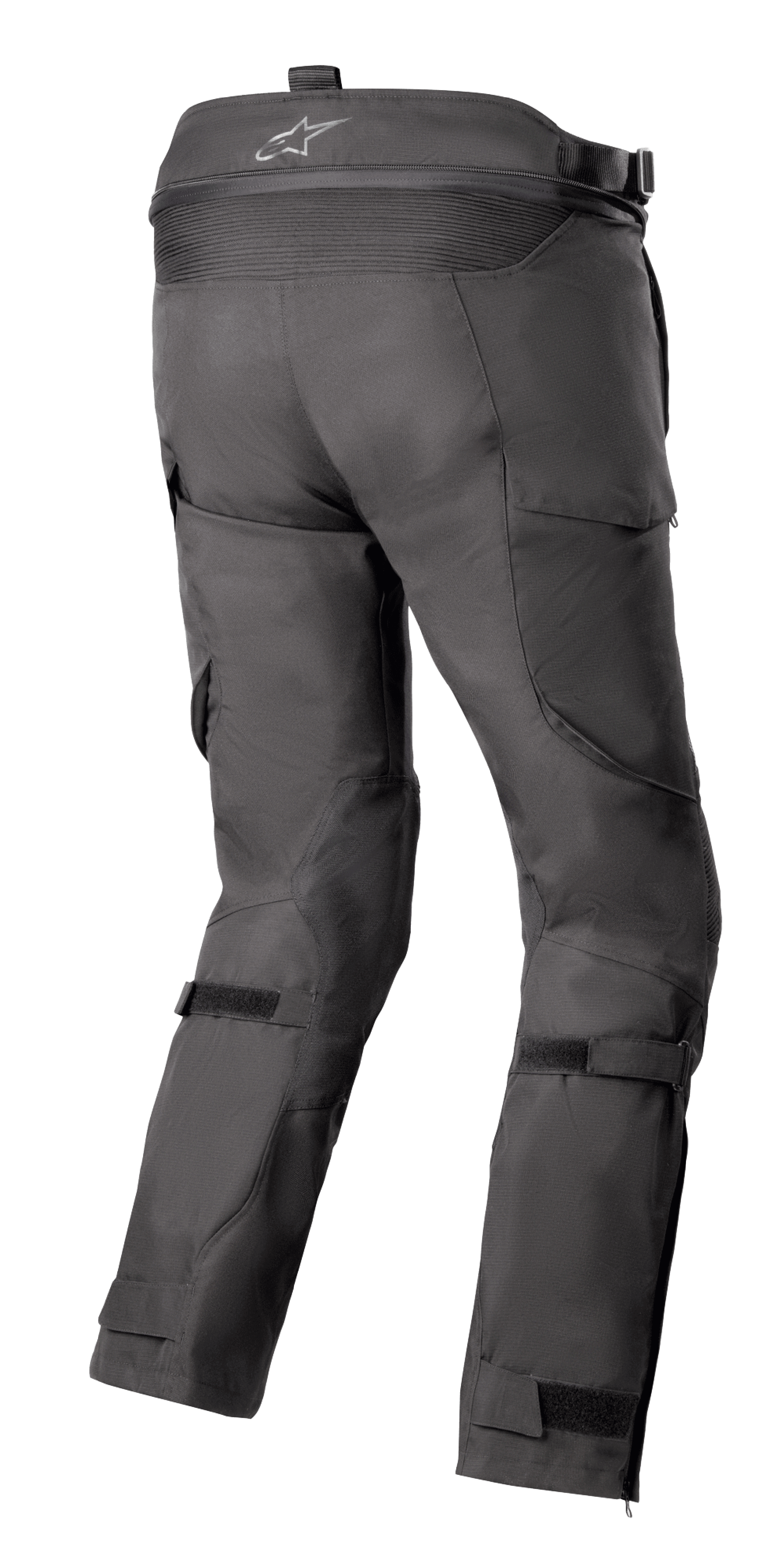 Alpinestars Bogota' Pro Drystar® 4 Seasons bukser, sort, adventure touring motorcykelbukser set bagfra, der viser logo på linningen, harmonika-strækpaneler og justerbare benremme