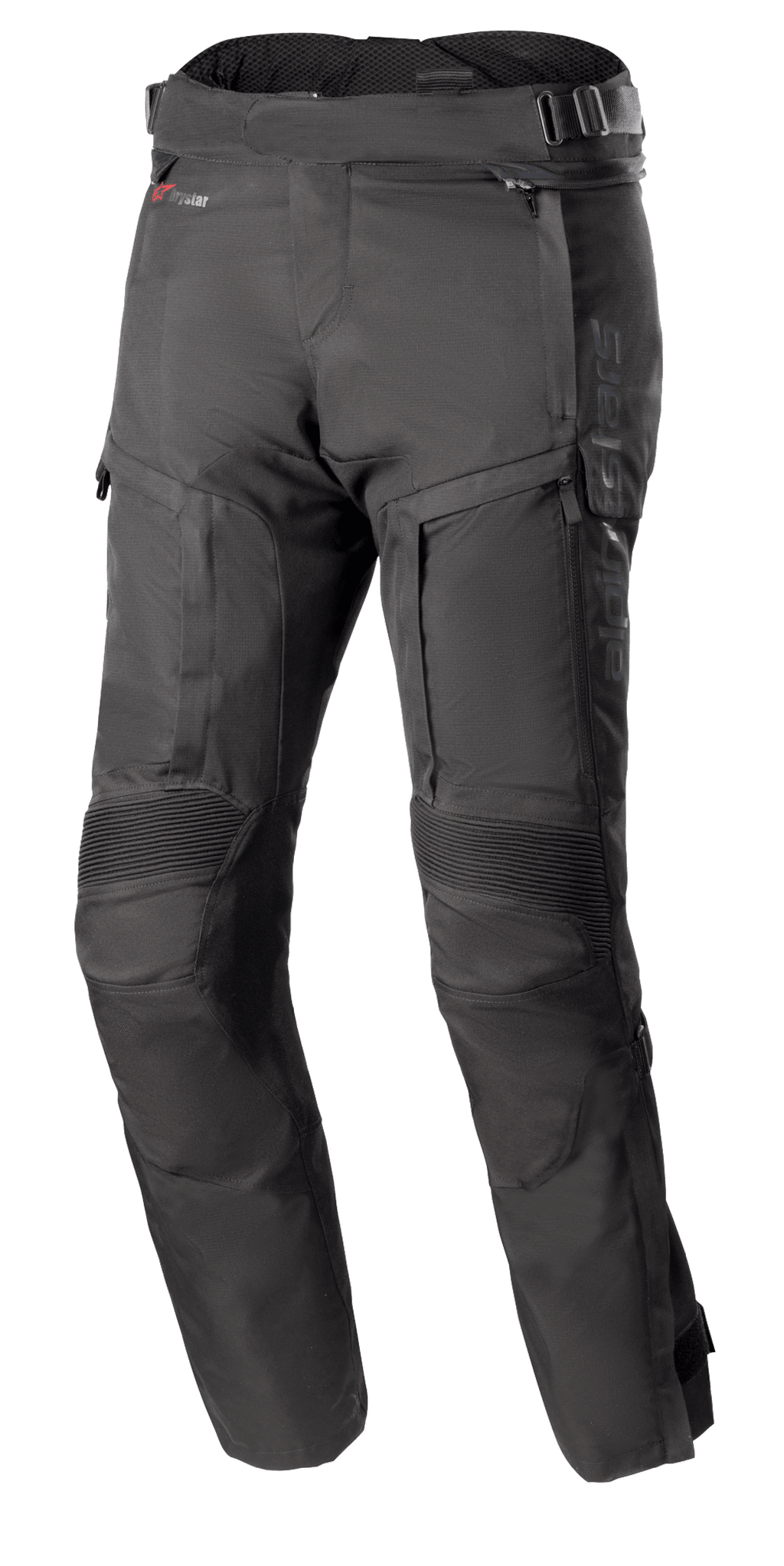 Alpinestars Bogota Pro Drystar 4 Seasons bukser, sorte motorcykeltouring-bukser, regular fit, forstærkede knæområder med ribbet beskyttelse, justerbare taljestropper med spænder, Drystar vandtæt teknologi, flere lommer og ventilationslynlåse