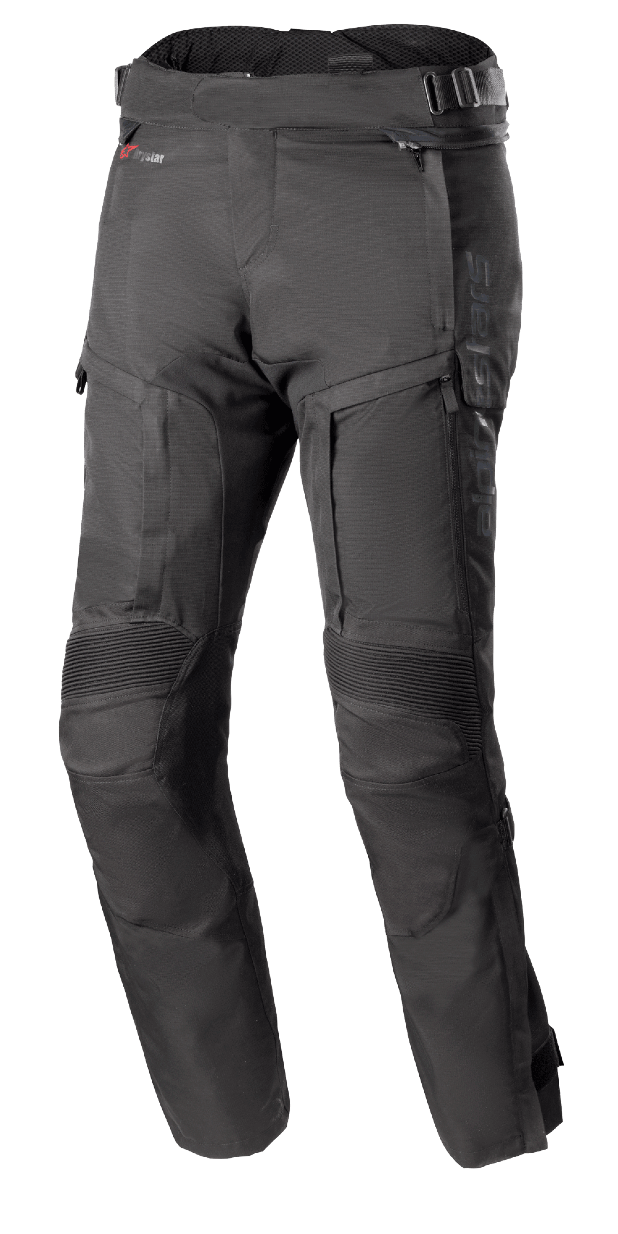 Alpinestars Bogota Pro Drystar 4 Seasons bukser, sorte motorcykeltouring-bukser, regular fit, forstærkede knæområder med ribbet beskyttelse, justerbare taljestropper med spænder, Drystar vandtæt teknologi, flere lommer og ventilationslynlåse
