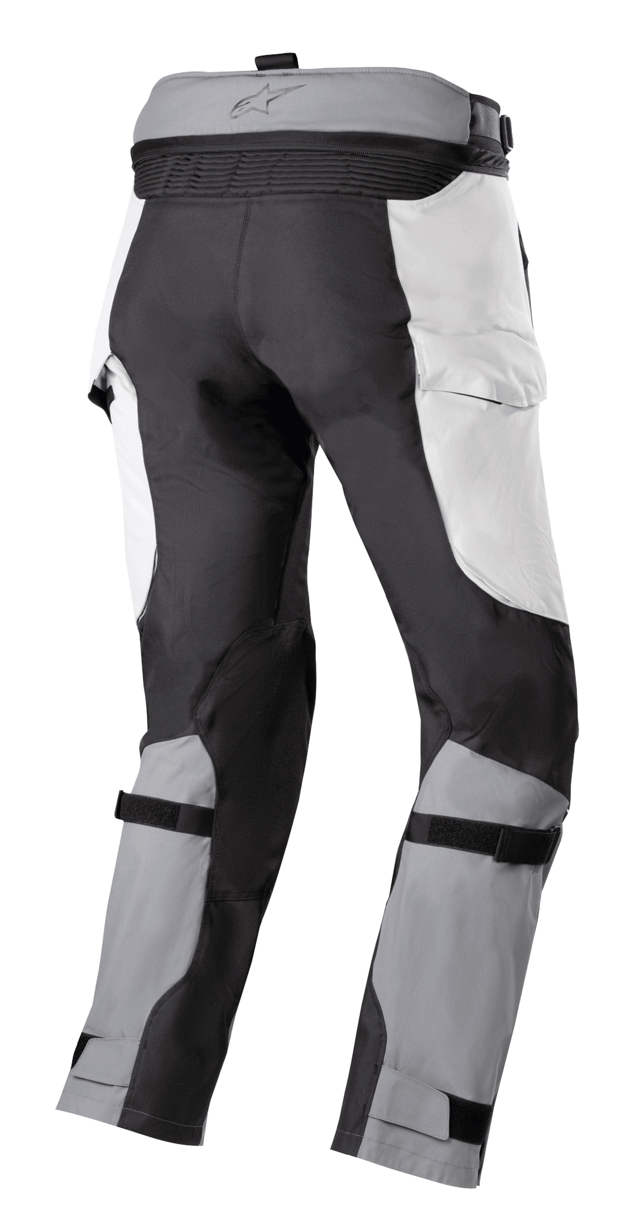 Alpinestars Bogota' Pro Drystar® 4 Seasons bukser, adventure-touringbukser, isgrå og mørkegrå, set bagfra med lynlås til sammenkobling i taljen, paneler i cargo-stil og justerbare lægremme for en sikker pasform