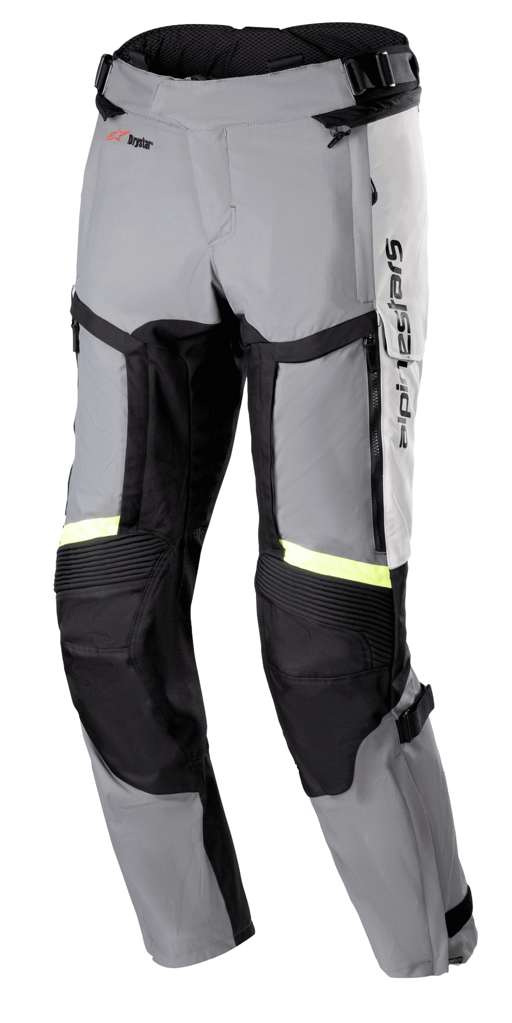 Alpinestars Bogota Pro Drystar 4 Seasons bukser, motorcykeltouring-bukser med regular fit, isgrå og mørkegrå med Yellow Fluo-refleksstriber, store ventilationspaneler på lårene, harmonika-stretch på knæene og justerbare taljeremme, adventure-køreudstyr