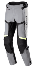 Alpinestars Bogota Pro Drystar 4 Seasons bukser, motorcykeltouring-bukser med regular fit, isgrå og mørkegrå med Yellow Fluo-refleksstriber, store ventilationspaneler på lårene, harmonika-stretch på knæene og justerbare taljeremme, adventure-køreudstyr
