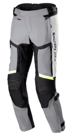 Alpinestars Bogota Pro Drystar 4 Seasons bukser, motorcykeltouring-bukser med regular fit, isgrå og mørkegrå med Yellow Fluo-refleksstriber, store ventilationspaneler på lårene, harmonika-stretch på knæene og justerbare taljeremme, adventure-køreudstyr