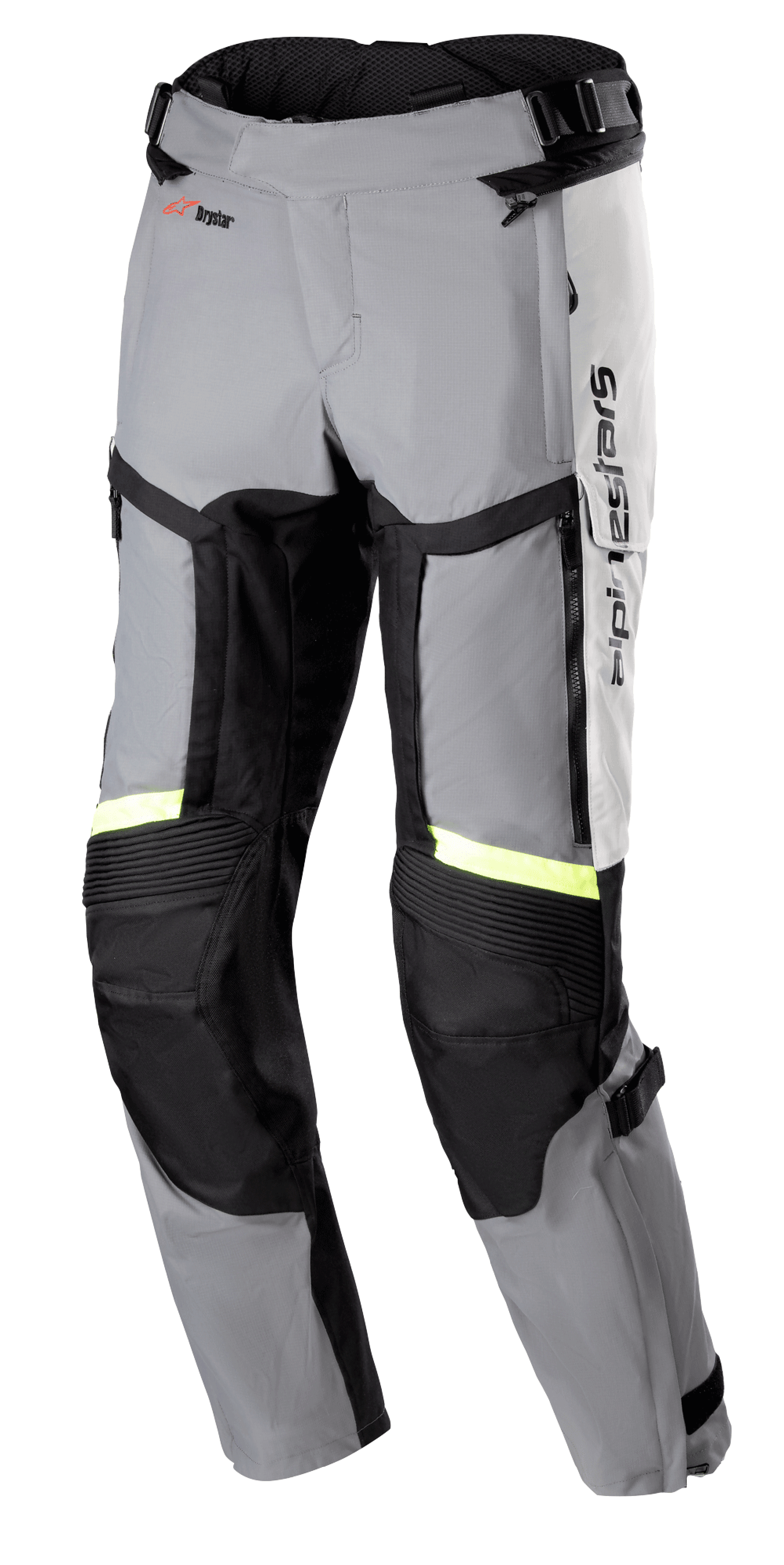 Alpinestars Bogota Pro Drystar 4 Seasons bukser, motorcykeltouring-bukser med regular fit, isgrå og mørkegrå med Yellow Fluo-refleksstriber, store ventilationspaneler på lårene, harmonika-stretch på knæene og justerbare taljeremme, adventure-køreudstyr