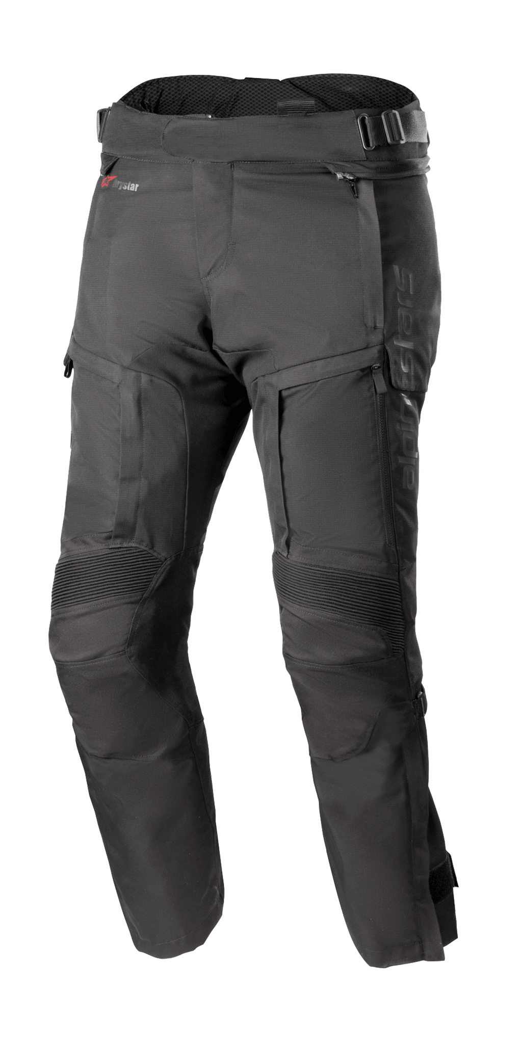 Alpinestars Bogota Pro Drystar 4 Seasons bukser (kort model), sorte motorcykel touringbukser, vandtæt og åndbar, forstærkede harmonikapaneeler ved knæene, justerbare taljeremme, ventilation og lommer med lynlås, slidstærkt ripstop-stof, helårsbeskyttelse