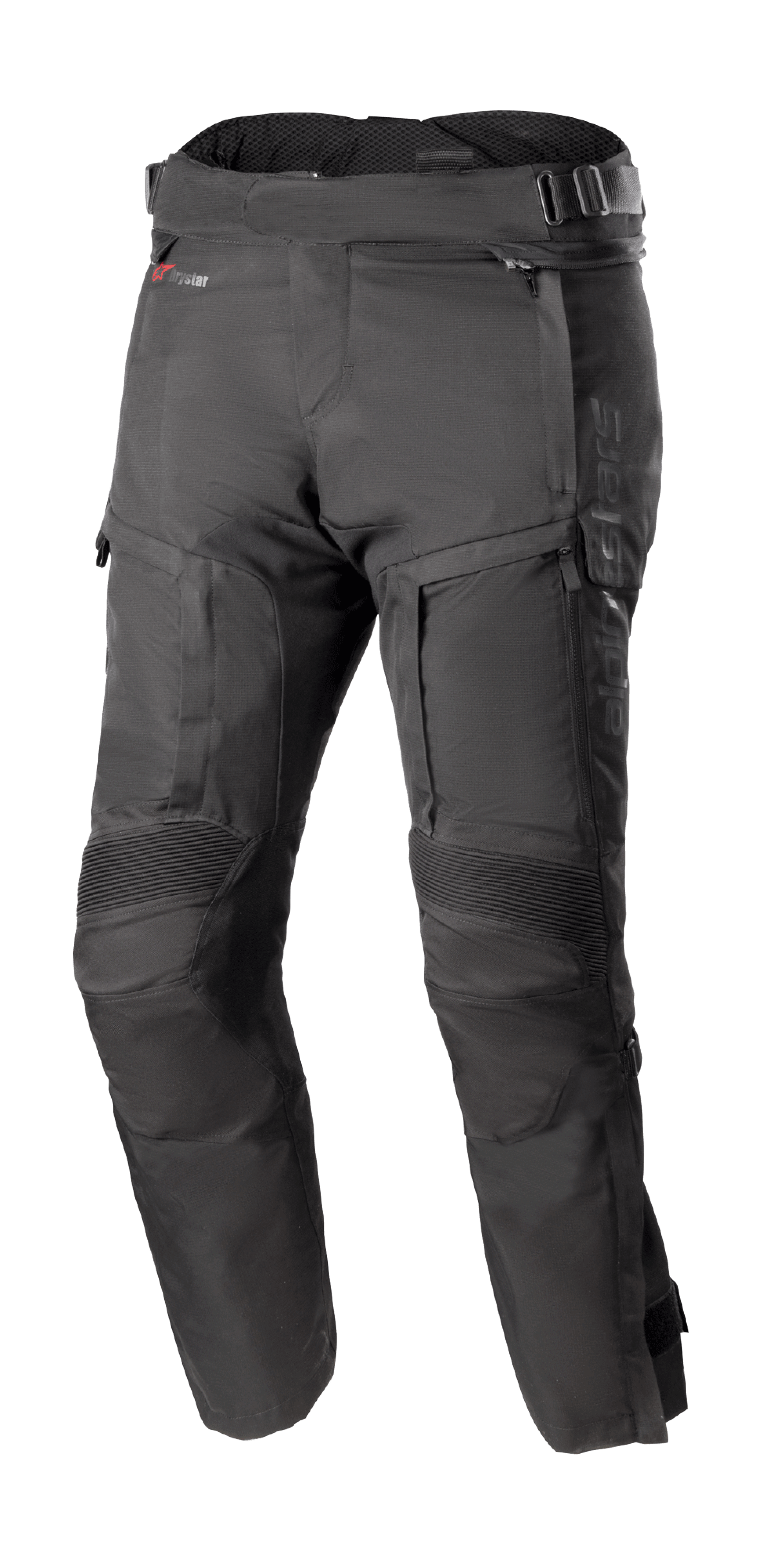Alpinestars Bogota Pro Drystar 4 Seasons bukser (kort model), sorte motorcykel touringbukser, vandtæt og åndbar, forstærkede harmonikapaneeler ved knæene, justerbare taljeremme, ventilation og lommer med lynlås, slidstærkt ripstop-stof, helårsbeskyttelse