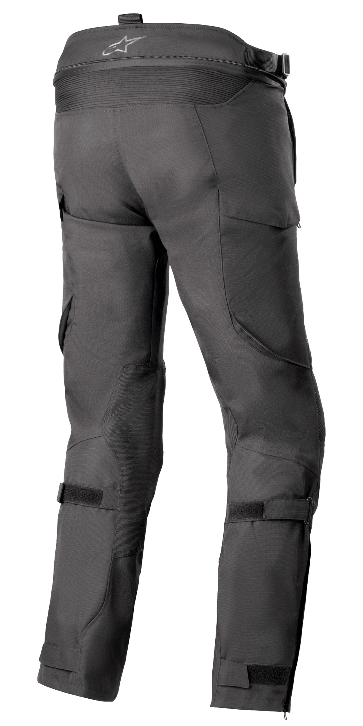 Alpinestars Bogota' Pro Drystar® 4 Seasons bukser - Long, sorte tekstil motorcykelbukser, set bagfra der fremhæver de justerbare stropper i taljen og ved læggene, ergonomisk pasform til eventyrkørsel