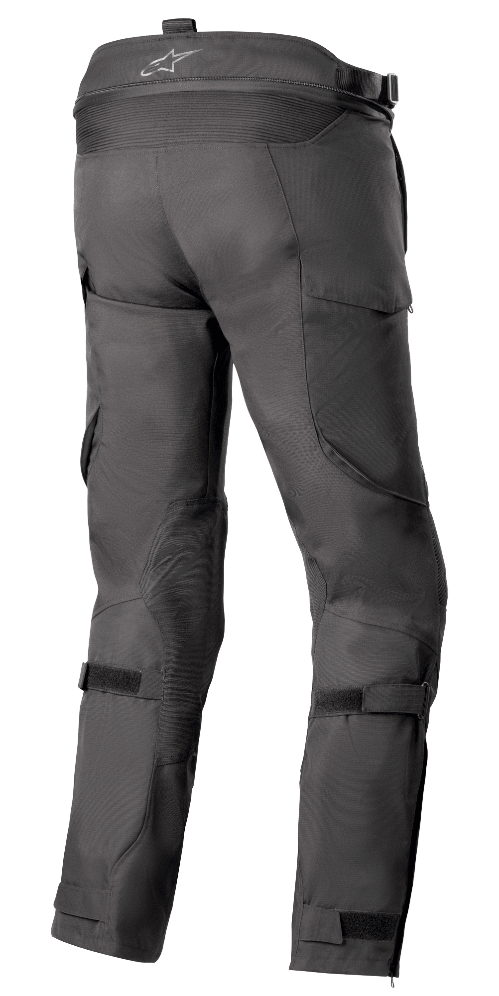 Alpinestars Bogota' Pro Drystar® 4 Seasons bukser - Long, sorte tekstil motorcykelbukser, set bagfra der fremhæver de justerbare stropper i taljen og ved læggene, ergonomisk pasform til eventyrkørsel