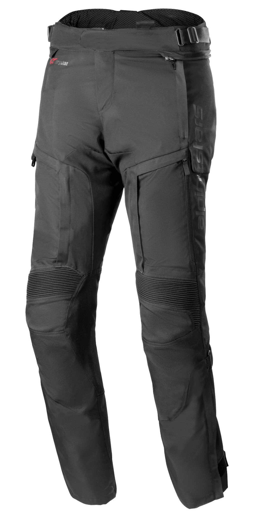Alpinestars Bogota Pro Drystar 4 Seasons bukser - lang, sorte adventure motorcykeltouring-bukser, med ribbede strækpaneler ved knæene og ventilationspaneler med lynlås på lårene, justerbare taljestropper med spænder, slidstærk teknisk tekstilkonstruktion til beskyttelse i al slags vejr