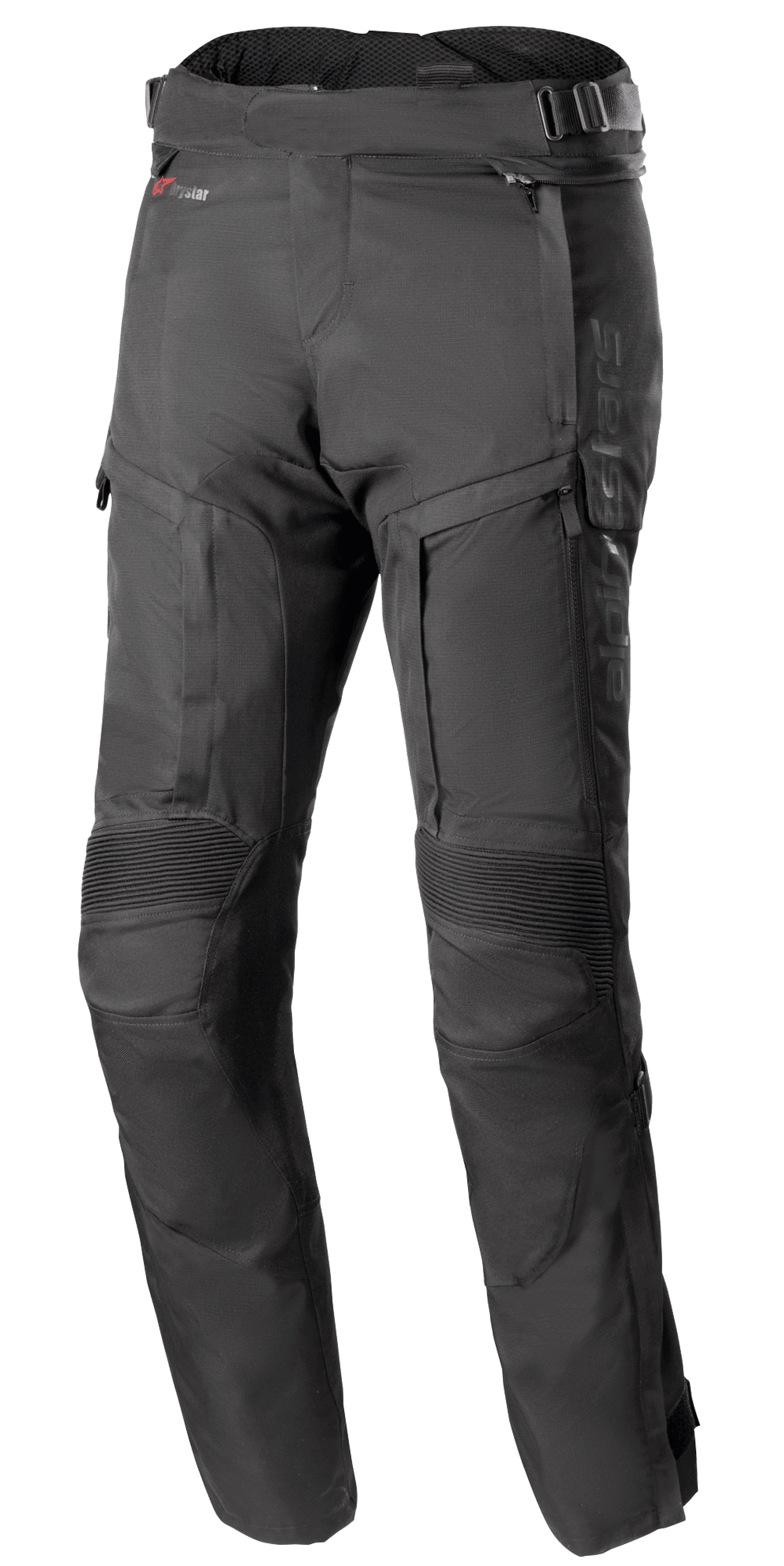 Alpinestars Bogota Pro Drystar 4 Seasons bukser - lang, sorte adventure motorcykeltouring-bukser, med ribbede strækpaneler ved knæene og ventilationspaneler med lynlås på lårene, justerbare taljestropper med spænder, slidstærk teknisk tekstilkonstruktion til beskyttelse i al slags vejr