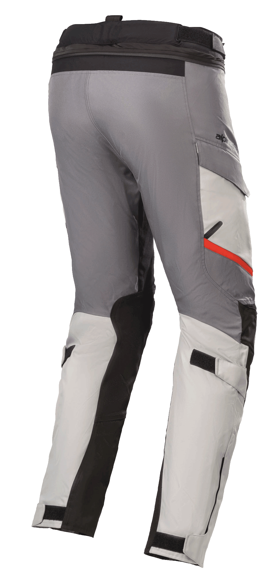 Alpinestars Andes V3 Drystar® bukser, motorcykel touringbukser, isgrå og mørkegrå, med sorte forstærkningspaneler og en rød detalje på lommen, justerbare talje- og lægstropper, slidstærk tekstilkonstruktion til adventure-kørsel