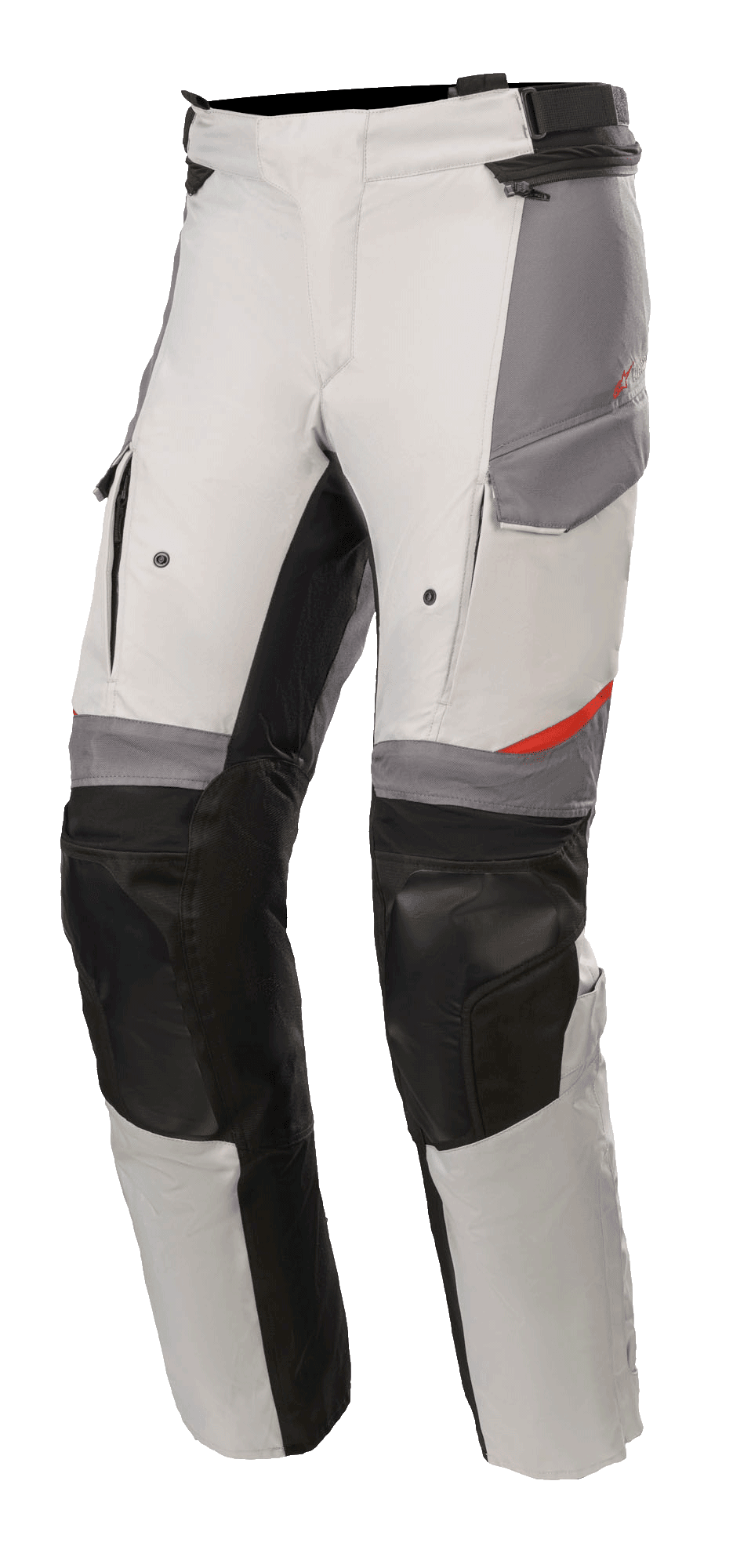 Alpinestars Andes V3 Drystar® Pants, Motorcycle Adventure Touring Pants, Ice Gray and Dark Gray with black accents, featuring reinforced knee panels, cargo-style pockets, and adjustable waist strap, durable textile material with red details
