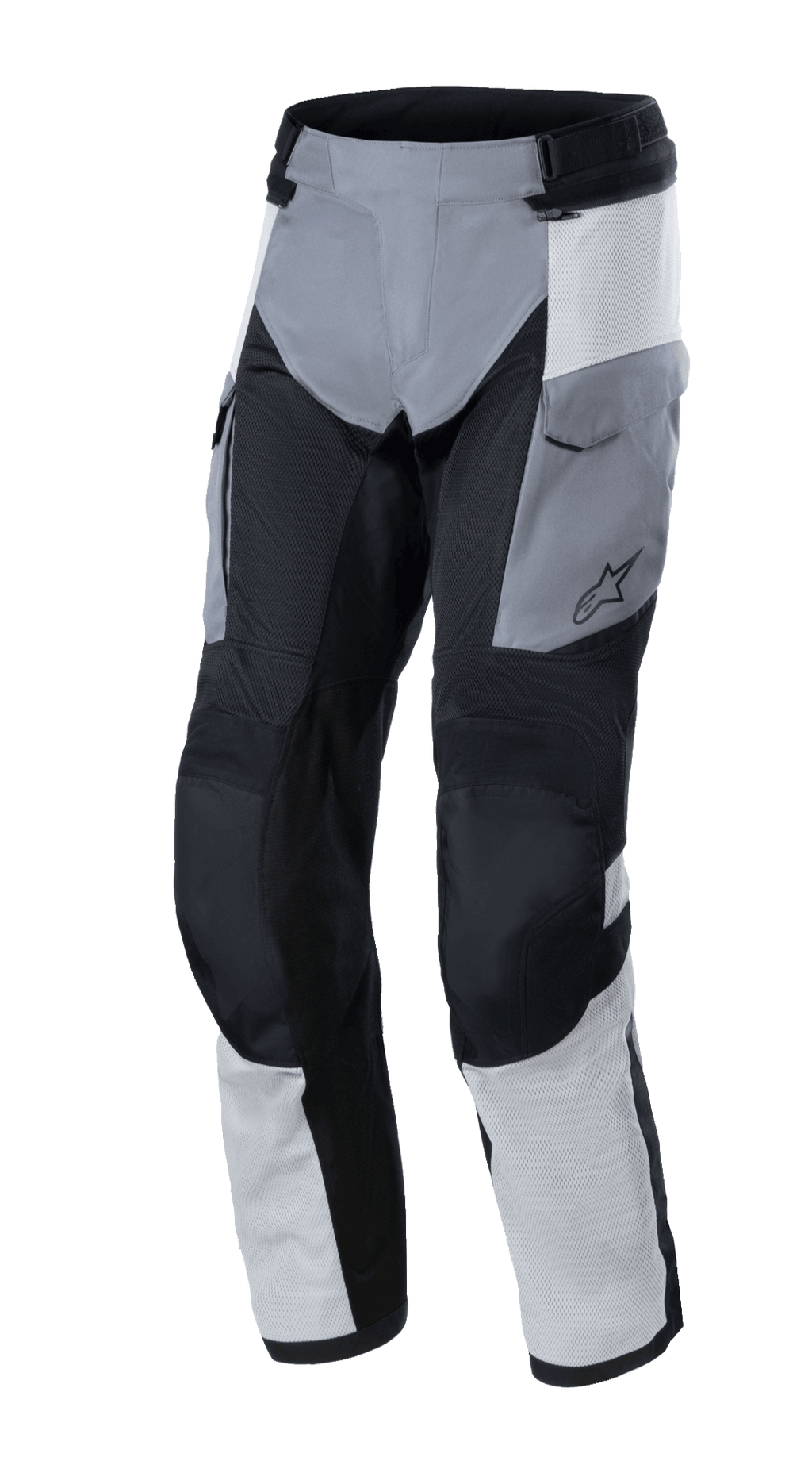 Alpinestars Andes Air Drystar® bukser, adventure touring-bukser, Ice Gray, Dark Gray og sort, med omfattende mesh-paneler for luftstrøm, cargolommer og forstærkede knæpartier, holdbar tekstilkonstruktion til kørsel i to sæsoner
