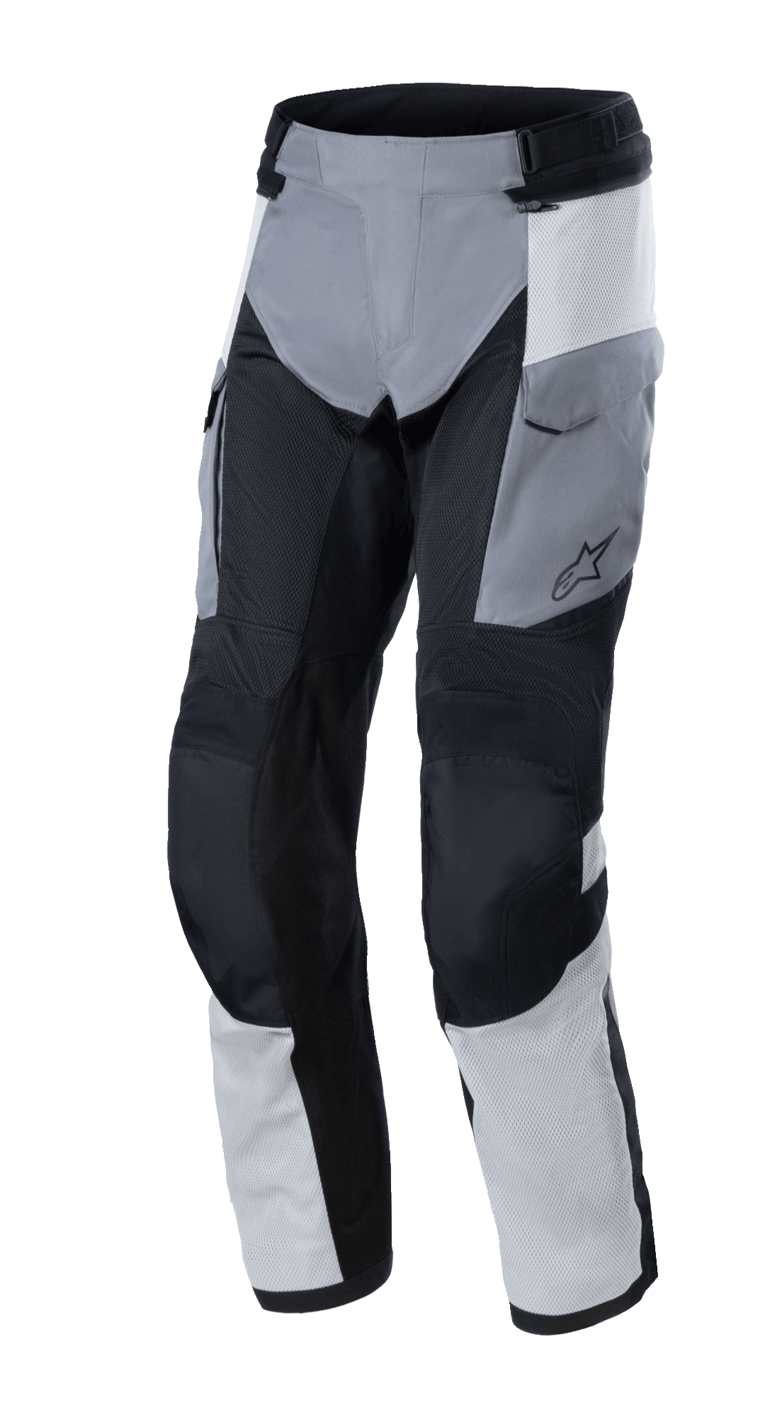 Alpinestars Andes Air Drystar® bukser, adventure touring-bukser, Ice Gray, Dark Gray og sort, med omfattende mesh-paneler for luftstrøm, cargolommer og forstærkede knæpartier, holdbar tekstilkonstruktion til kørsel i to sæsoner