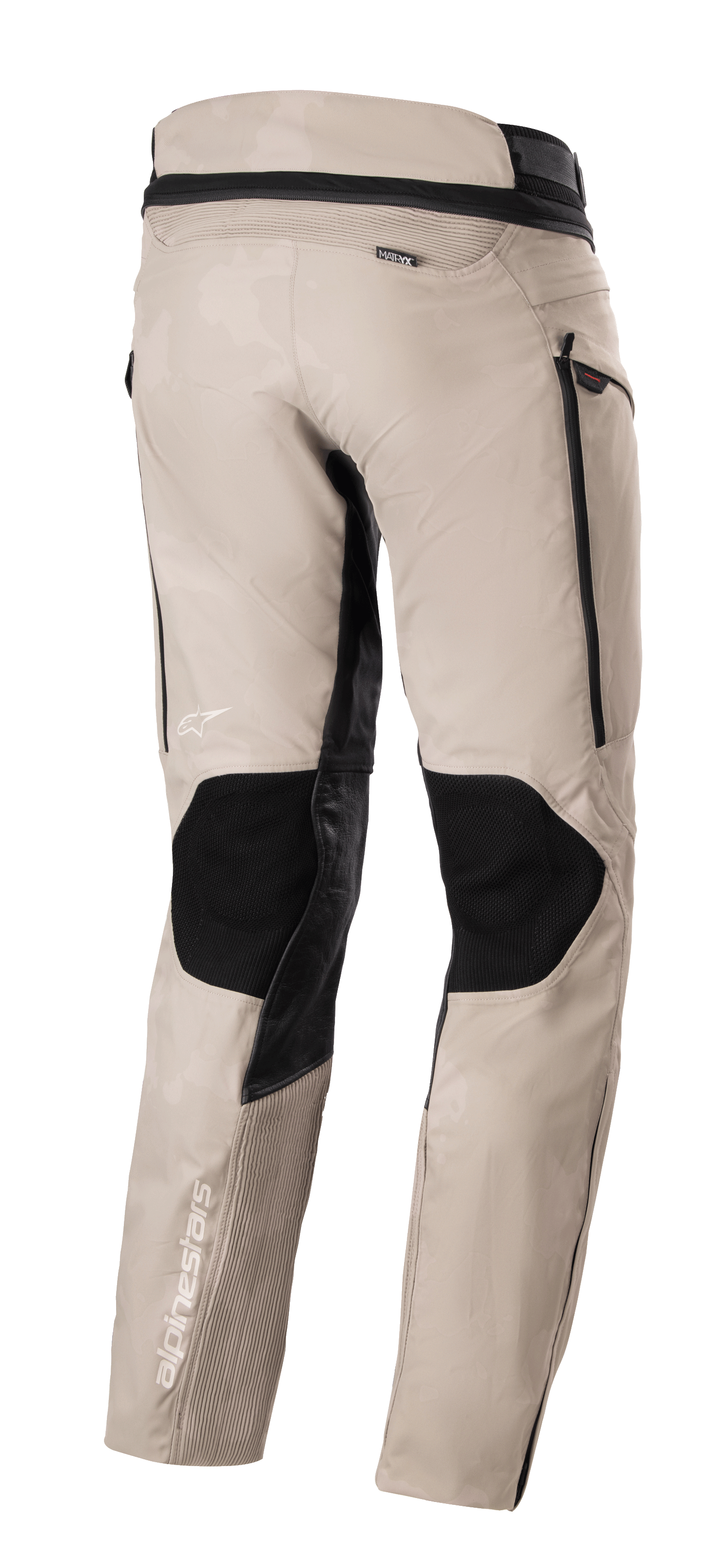 Alpinestars AMT-10LAB Drystar® XF bukser, Aluminum Camo adventure touring-bukser, set bagfra med sorte beskyttelsespaneler, MATRYX®-branding og hvide Alpinestars-logoer, konstruktion i flere materialer