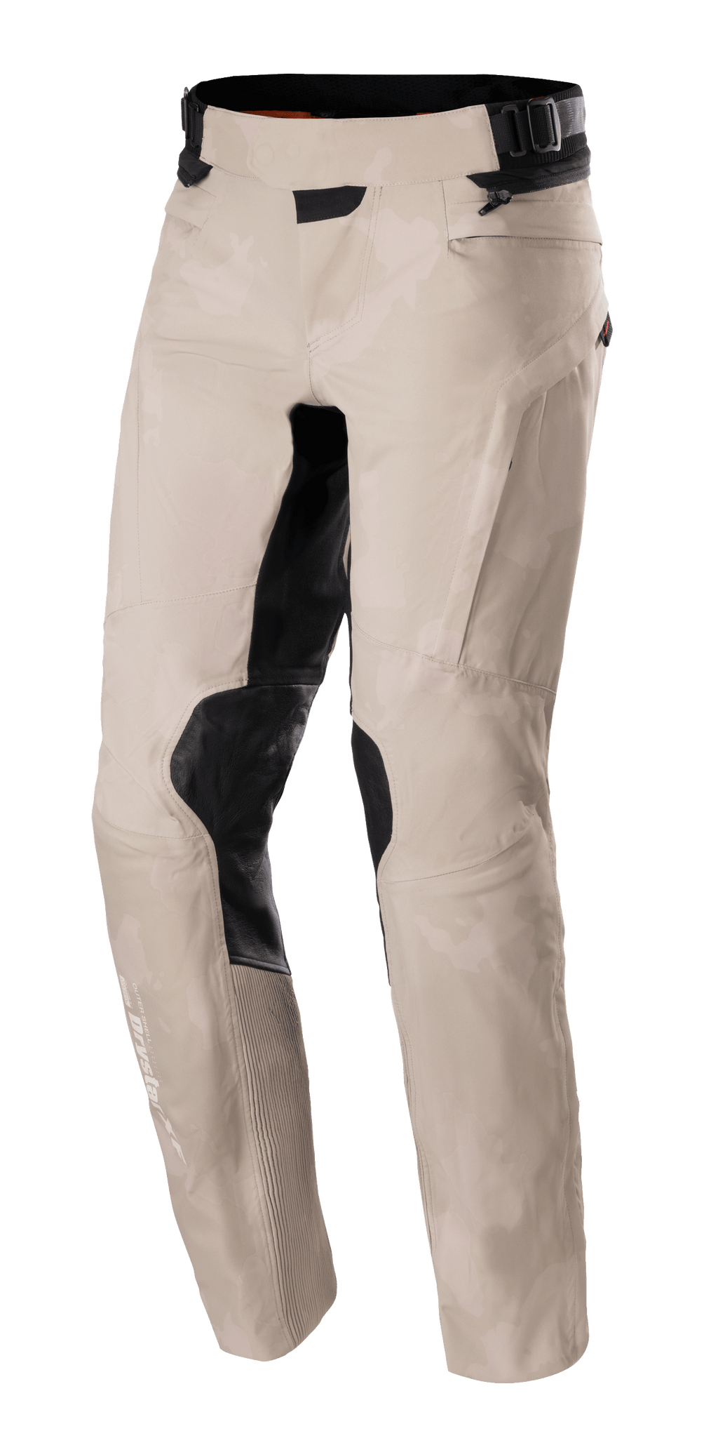 Alpinestars AMT-10LAB Drystar® XF bukser, adventure motorcykelbukser, Aluminum Camo, lysegråt camouflagemønster med sorte forstærkede paneler på knæene og de indvendige lår, teknisk tekstilkonstruktion med justerbar talje og Drystar-branding på underbenet