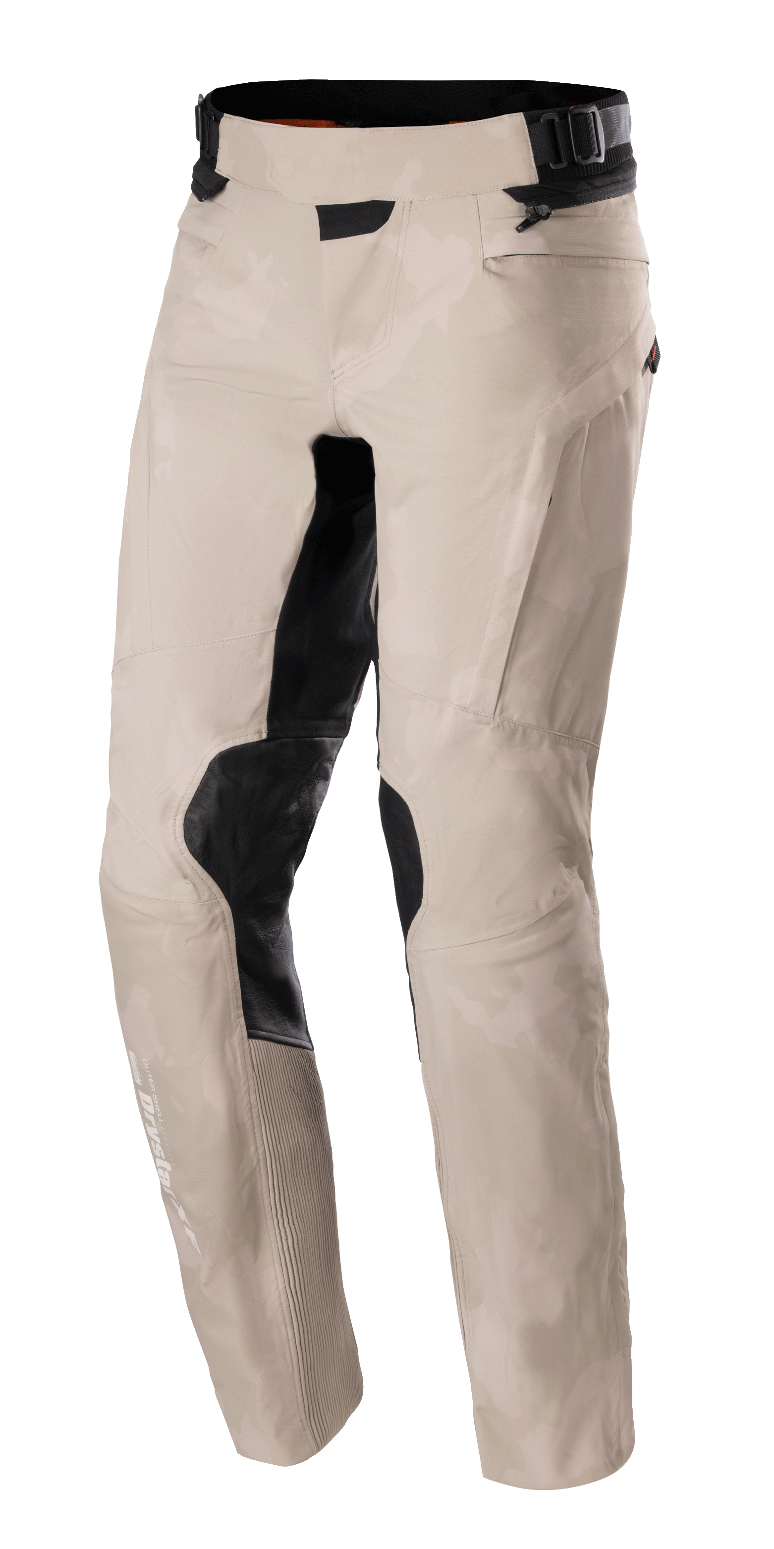 Alpinestars AMT-10LAB Drystar® XF bukser, adventure motorcykelbukser, Aluminum Camo, lysegråt camouflagemønster med sorte forstærkede paneler på knæene og de indvendige lår, teknisk tekstilkonstruktion med justerbar talje og Drystar-branding på underbenet
