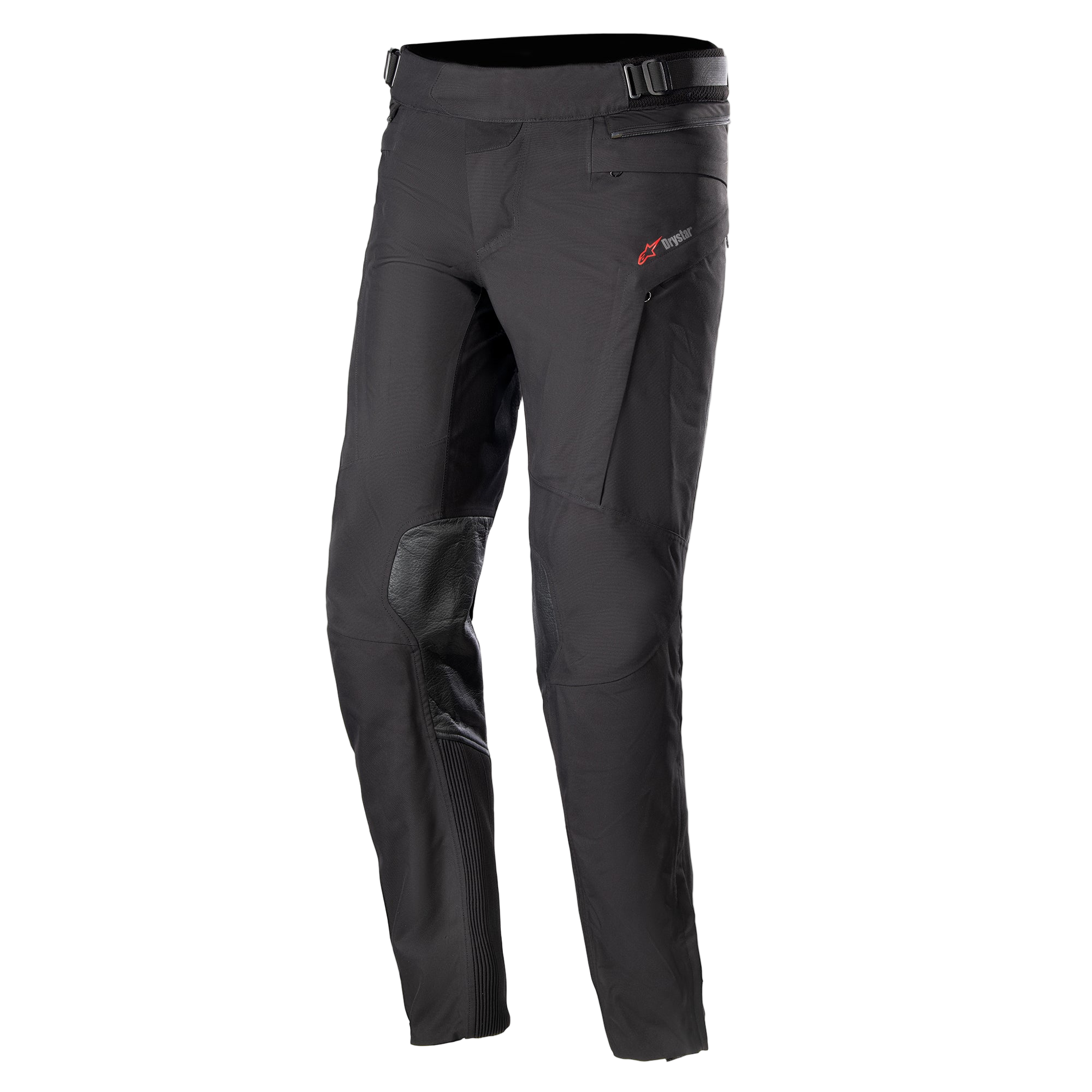 Alpinestars AMT-10 Drystar® XF bukser, motorcykel touringbukser, sorte, med rødt logo på hoften, forstærkede knæpaneler, harmonika-stretch på underbenene, justerbar talje og lynlåslommer, teknisk tekstildesign til adventure-kørsel