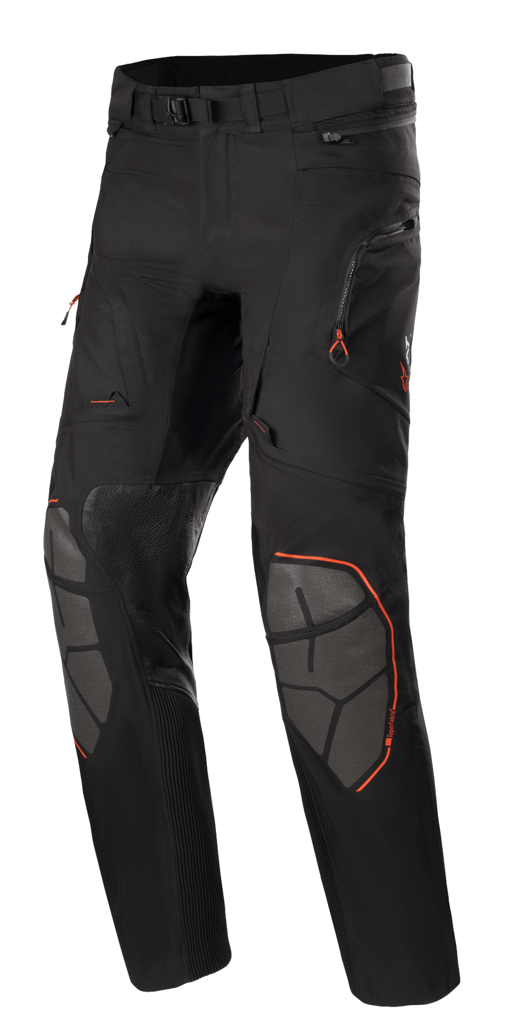 Alpinestars AMT-10R Drystar XF bukser, adventure touring motorcykelbukser, sort med orange detaljer, grå Superfabric-knæforstærkninger, justerbart taljebælte, lynlåslommer og vandtæt lamineret design