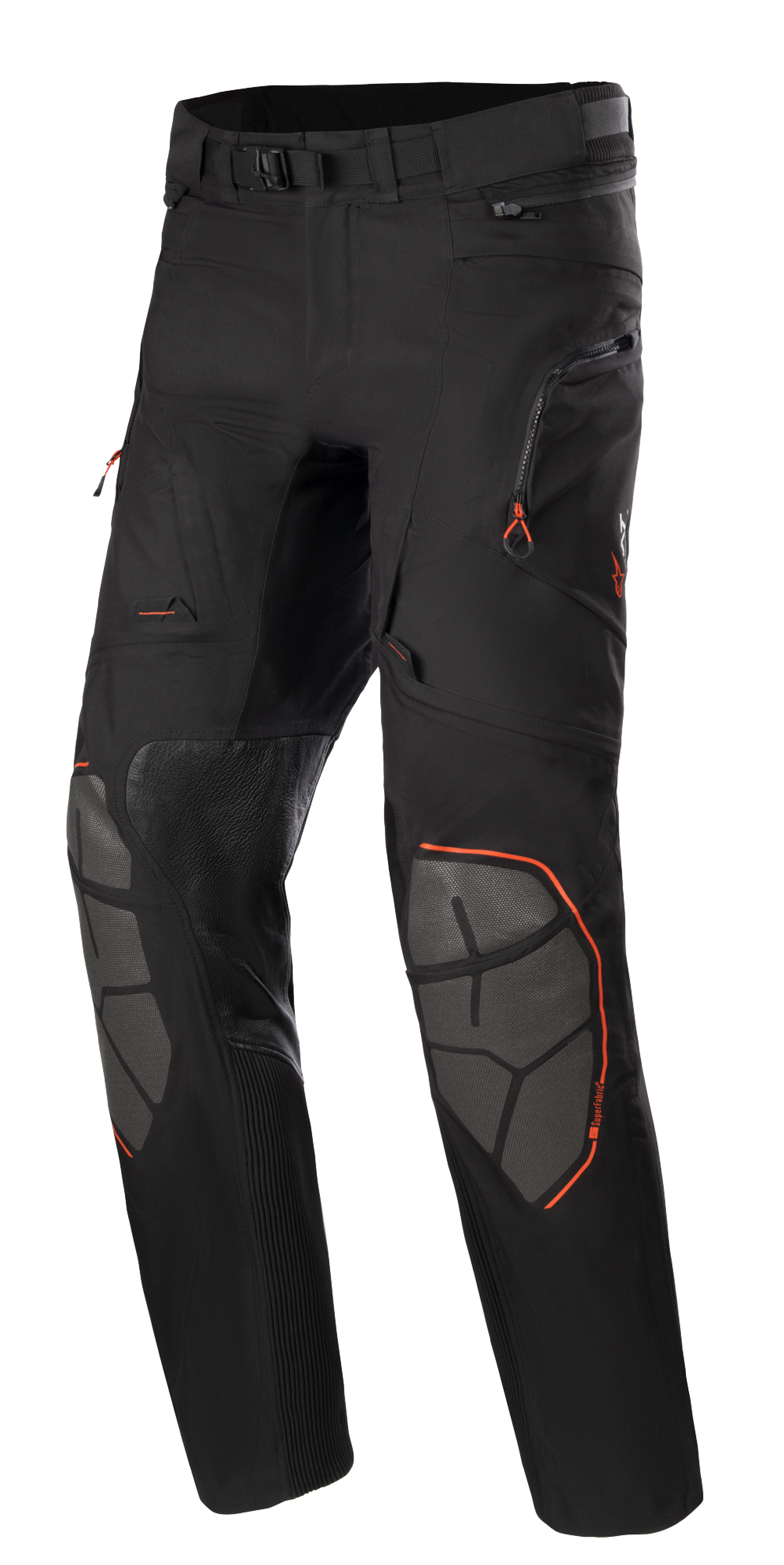 Alpinestars AMT-10R Drystar XF bukser, adventure touring motorcykelbukser, sort med orange detaljer, grå Superfabric-knæforstærkninger, justerbart taljebælte, lynlåslommer og vandtæt lamineret design