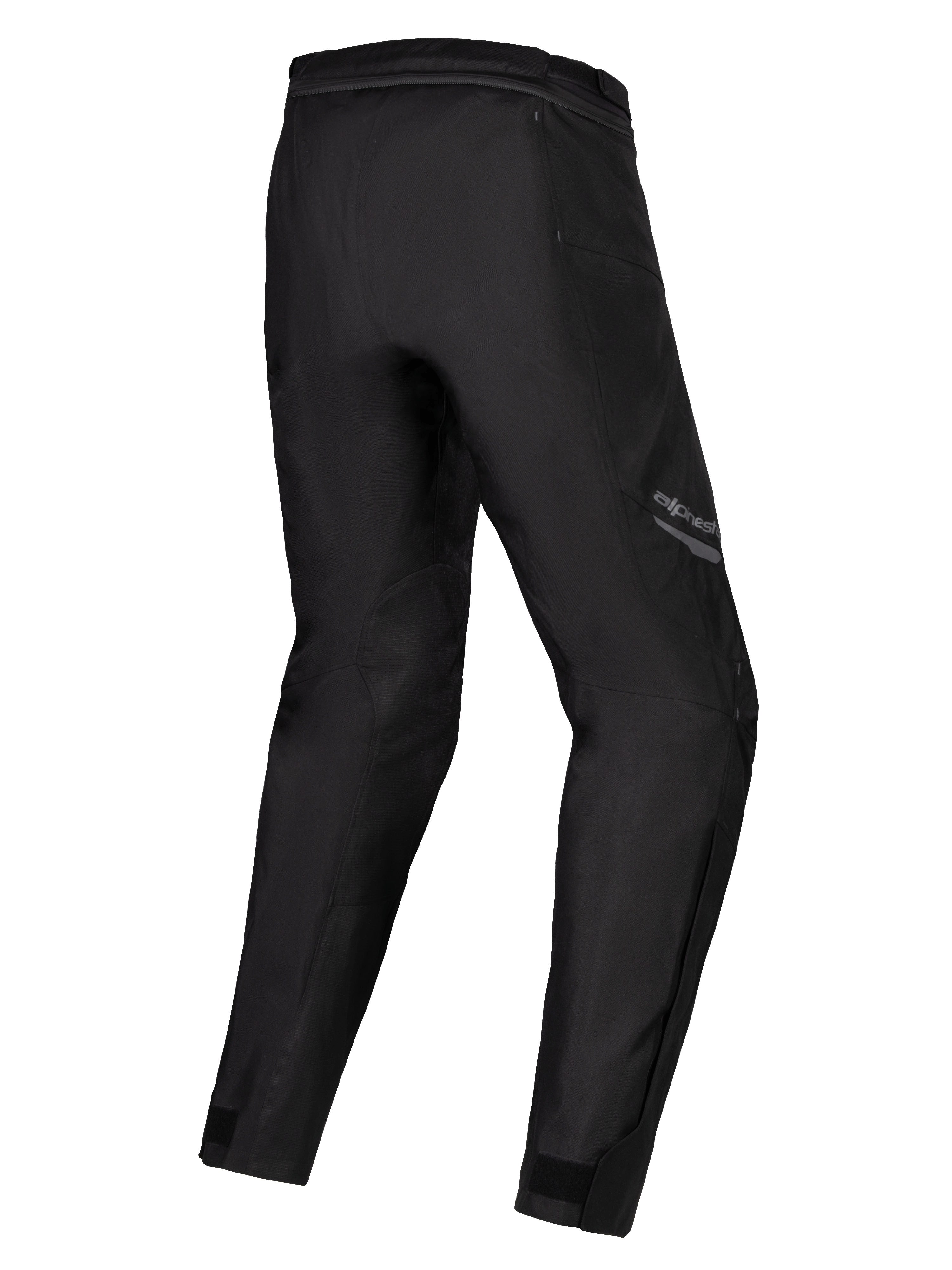 Alpinestars Stella ST-1 vandtætte bukser, motorcykelbukser til damer, sort, trekvart visning bagfra med forformede ben, tekstilkonstruktion med lynlås til taljetilslutning og ankeljusteringer, adventure touring-udstyr