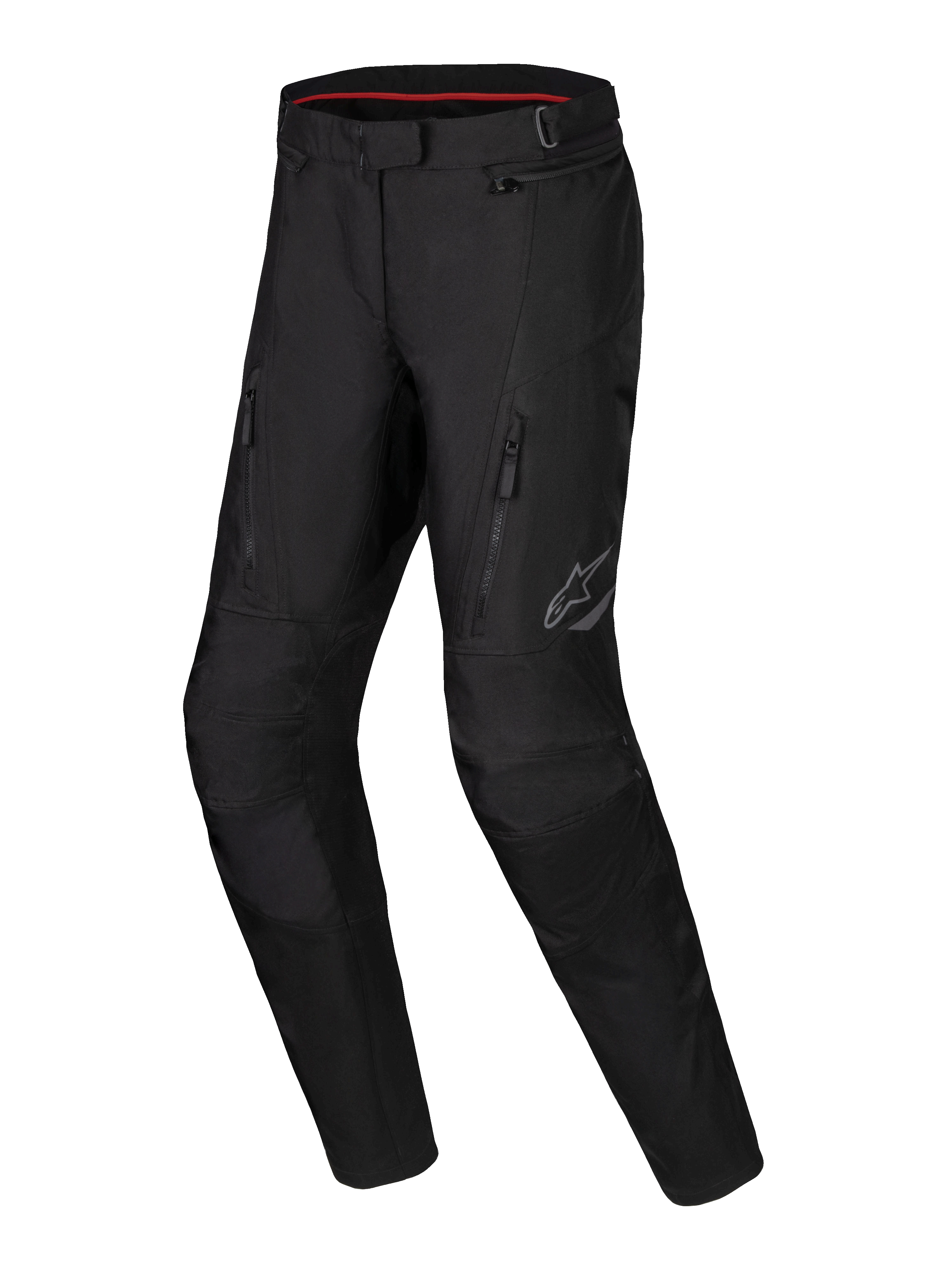 Alpinestars Stella ST-1 vandtætte bukser, adventure touring motorcykelbukser til damer, sort, med lynlåslommer foran, forstærkede knæpaneler og reflekterende Alpinestars-logo på låret, vandtæt tekstilkonstruktion med forformede ben