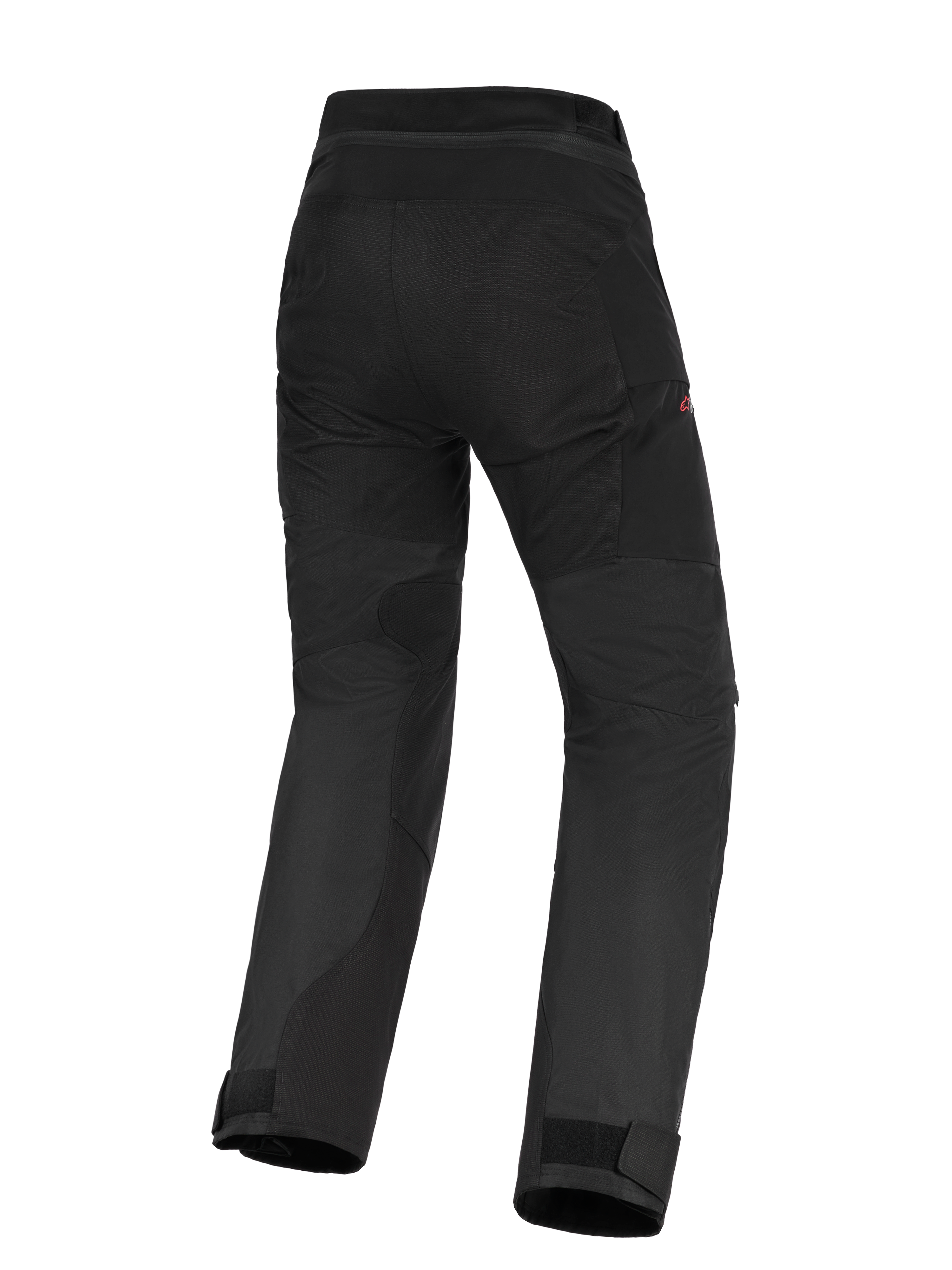 Alpinestars Stella Andes V4 Drystar® bukser til kvinder, sorte adventure-touring motorcykelbukser, set bagfra med forstærket sæde og indvendige benpaneler, design med høj talje og justerbare ankelmanchetter.
