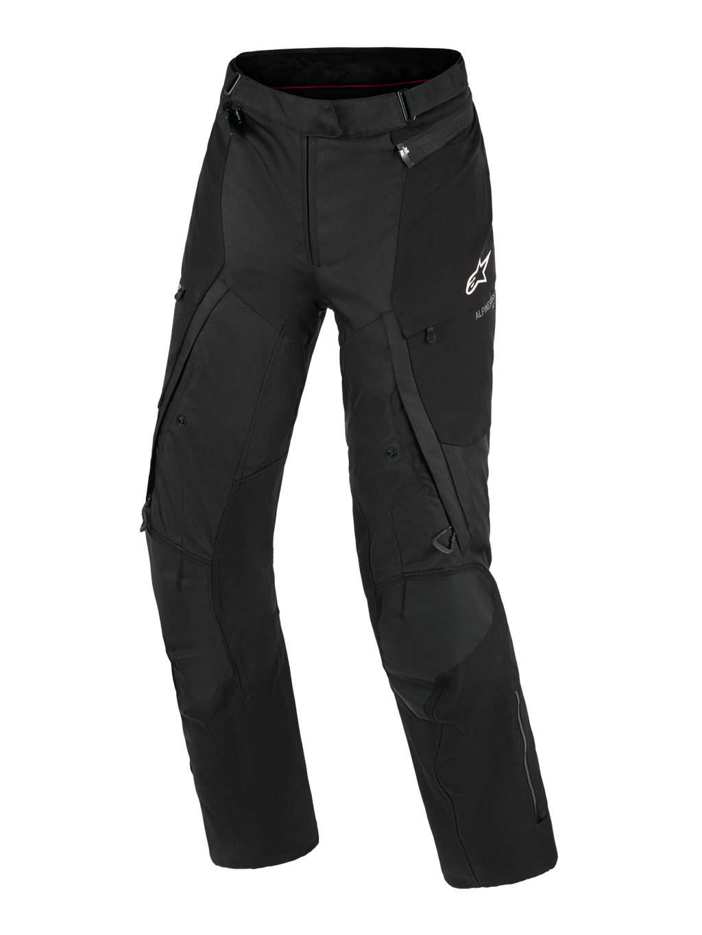 Alpinestars Stella Andes V4 Drystar® bukser, adventure-motorcykelbukser til damer, sort, set forfra med teknisk tekstilkonstruktion, hvidt Alpinestars-logo på venstre lår, cargo-lommer og ventilationslynlåse, slidstærkt køreudstyr til al slags vejr