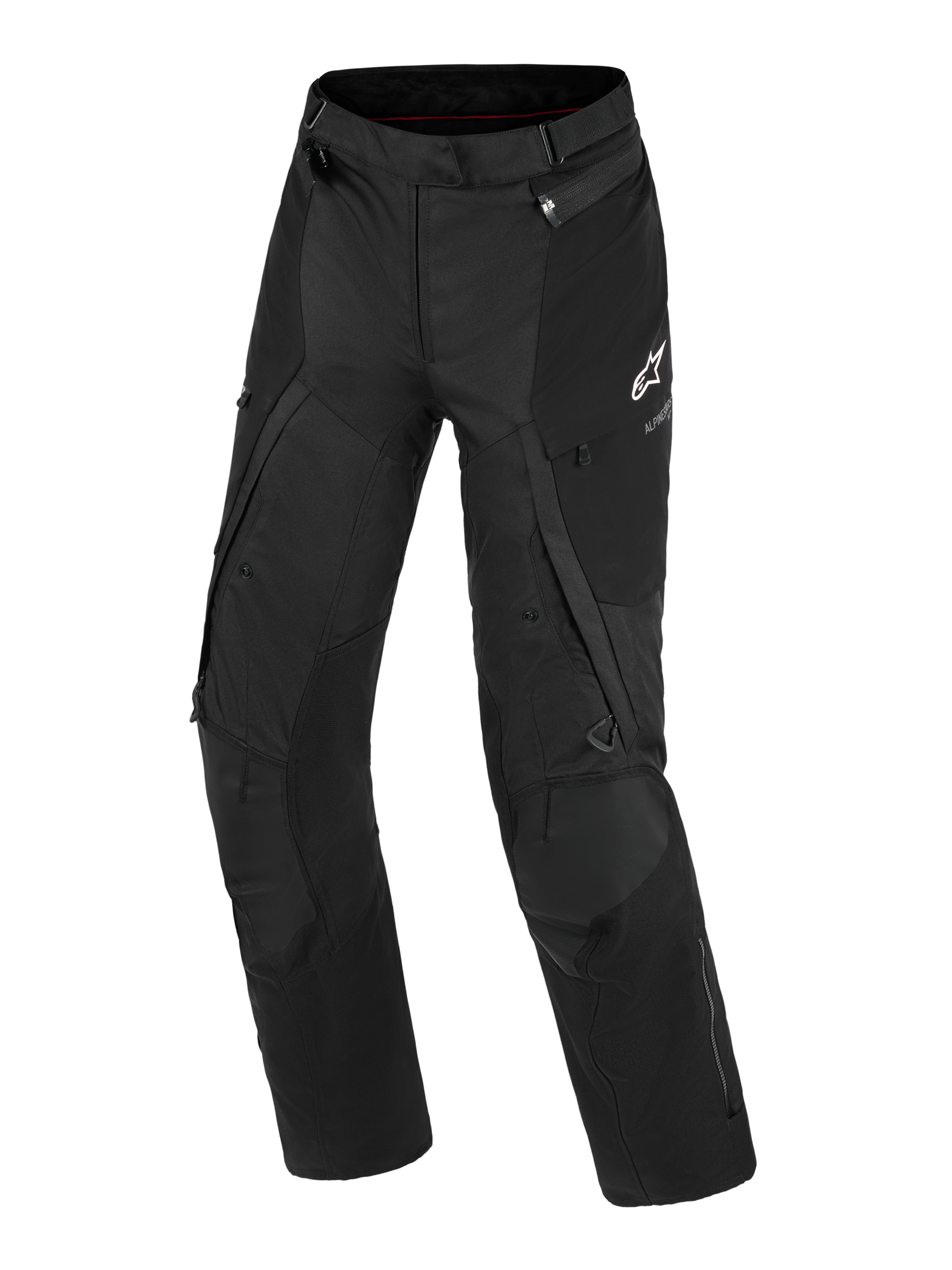 Alpinestars Stella Andes V4 Drystar® bukser, adventure-motorcykelbukser til damer, sort, set forfra med teknisk tekstilkonstruktion, hvidt Alpinestars-logo på venstre lår, cargo-lommer og ventilationslynlåse, slidstærkt køreudstyr til al slags vejr