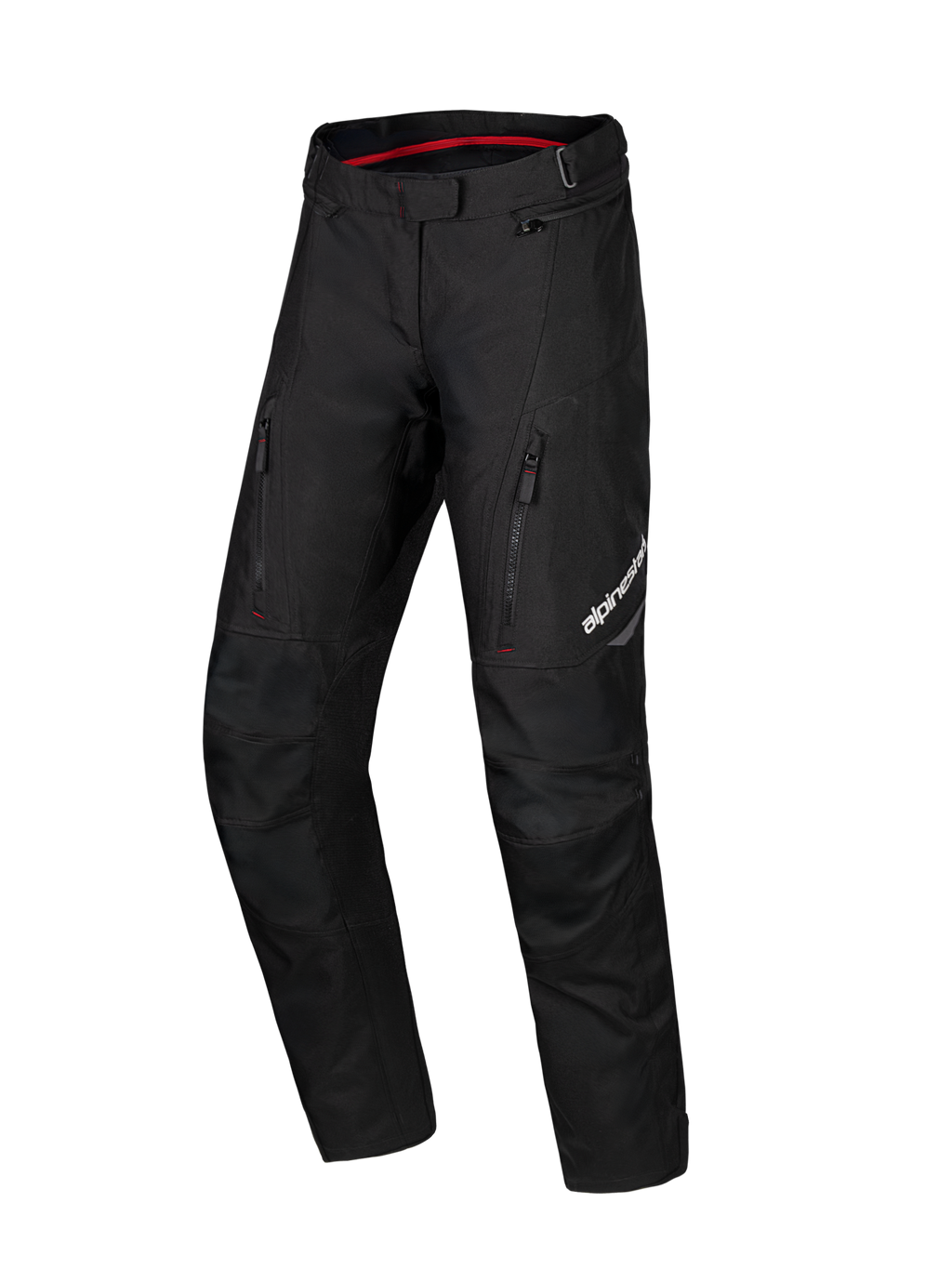Alpinestars Honda Stella ST-1 vandtætte bukser, sorte motorcykel touring-bukser til damer, rødt indvendigt for i taljen, to lodrette lynlåslommer på lårene, Alpinestars-logo på benet, slidstærkt tekstil adventure-udstyr
