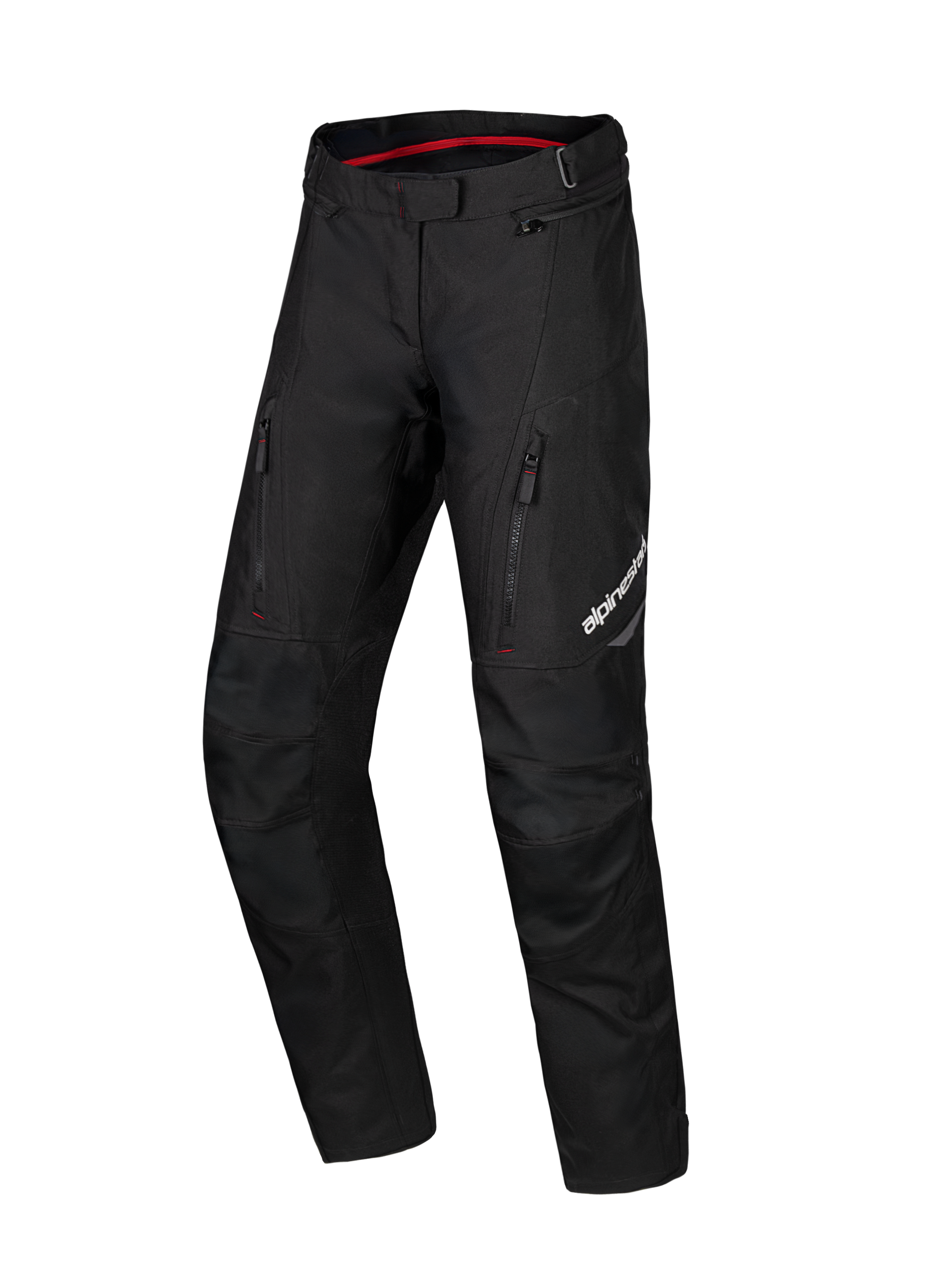 Alpinestars Honda Stella ST-1 vandtætte bukser, sorte motorcykel touring-bukser til damer, rødt indvendigt for i taljen, to lodrette lynlåslommer på lårene, Alpinestars-logo på benet, slidstærkt tekstil adventure-udstyr