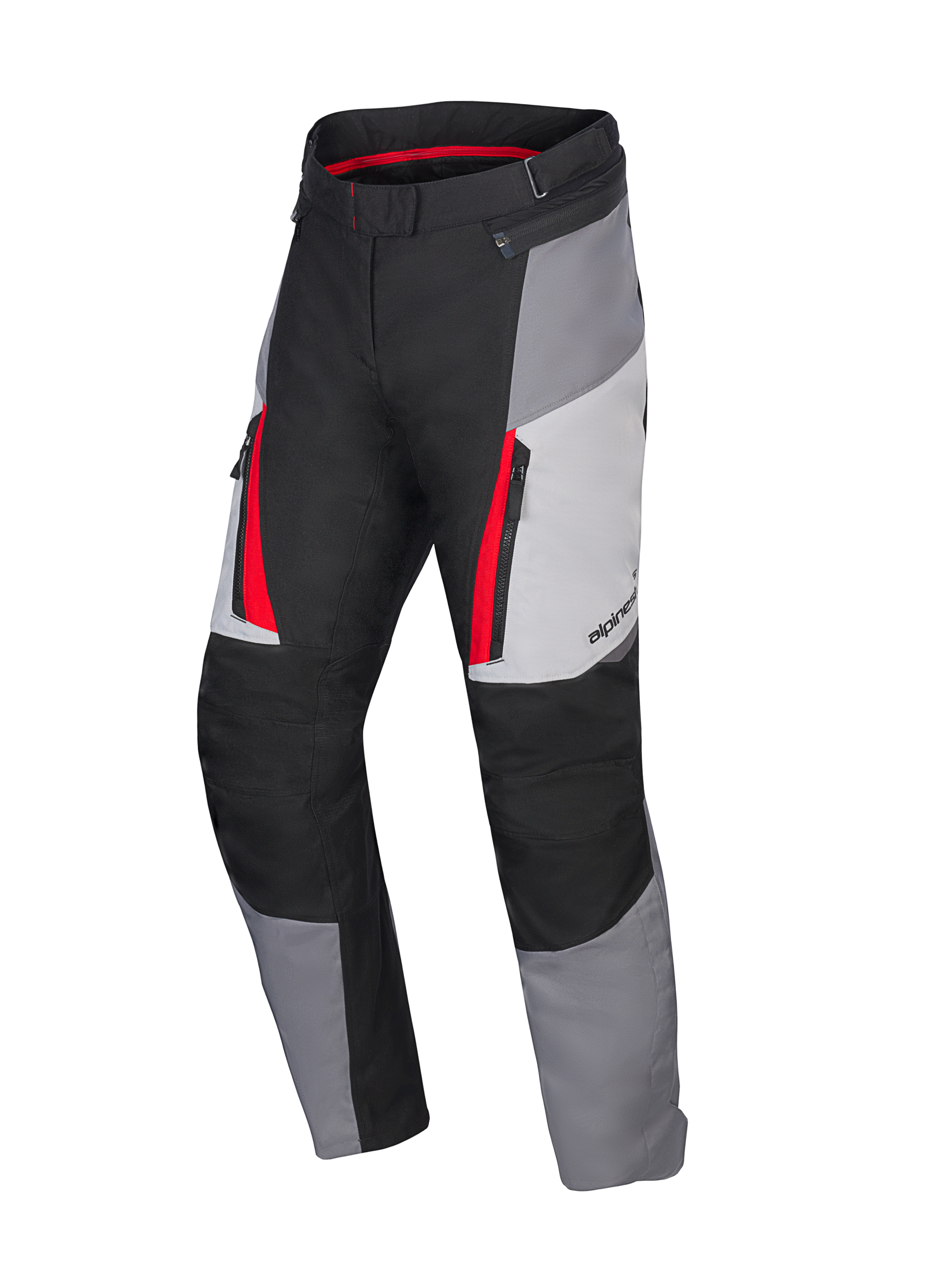 Alpinestars Honda Woman Stella ST-1 Waterproof Pants, Women's Motorcycle Touring Pants, Ice Gray, Dark Gray, and Black with Red accents, featuring zippered cargo pockets, ergonomic textile construction, and adjustable waist.