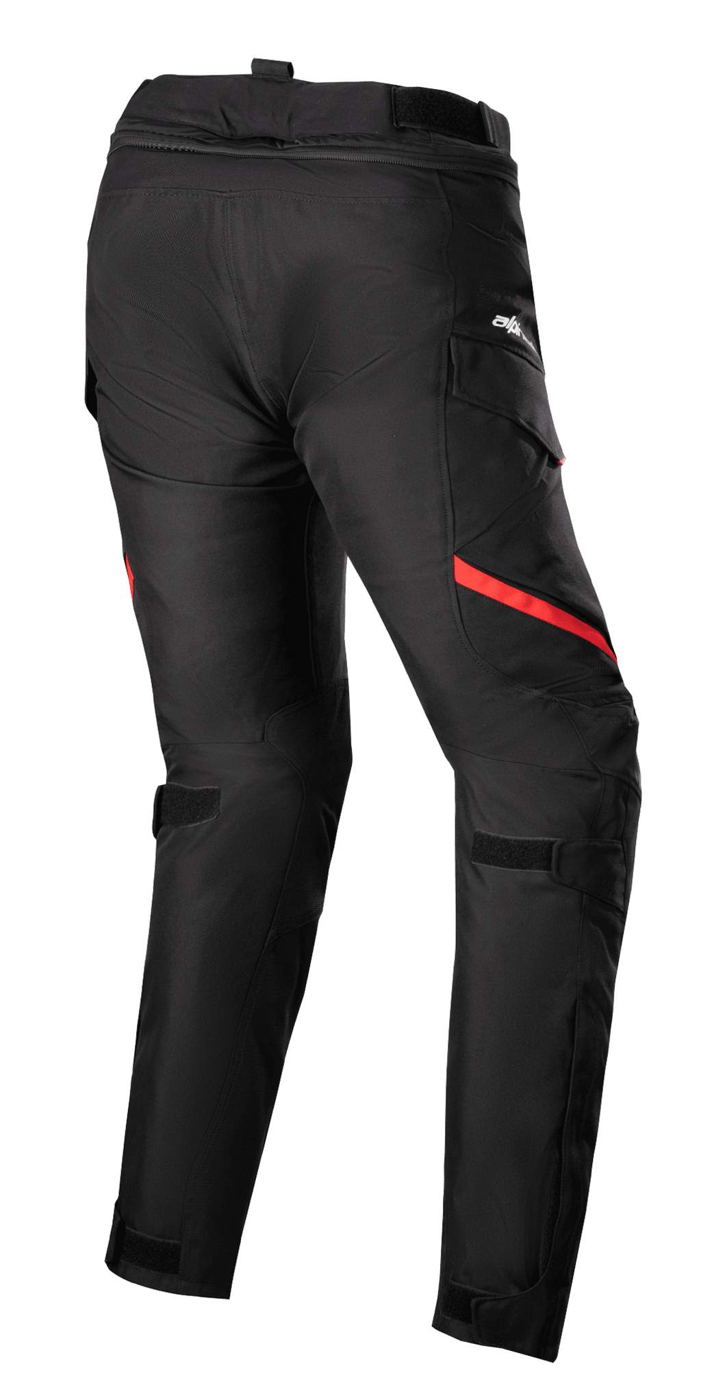 Alpinestars Stella Honda Andes V3 Drystar® bukser til damer, motorcykel touring-bukser, sort og klar rød, set bagfra med cargo-lommer, justerbare stropper ved talje og knæ, slidstærk tekstilkonstruktion til kørsel i al slags vejr