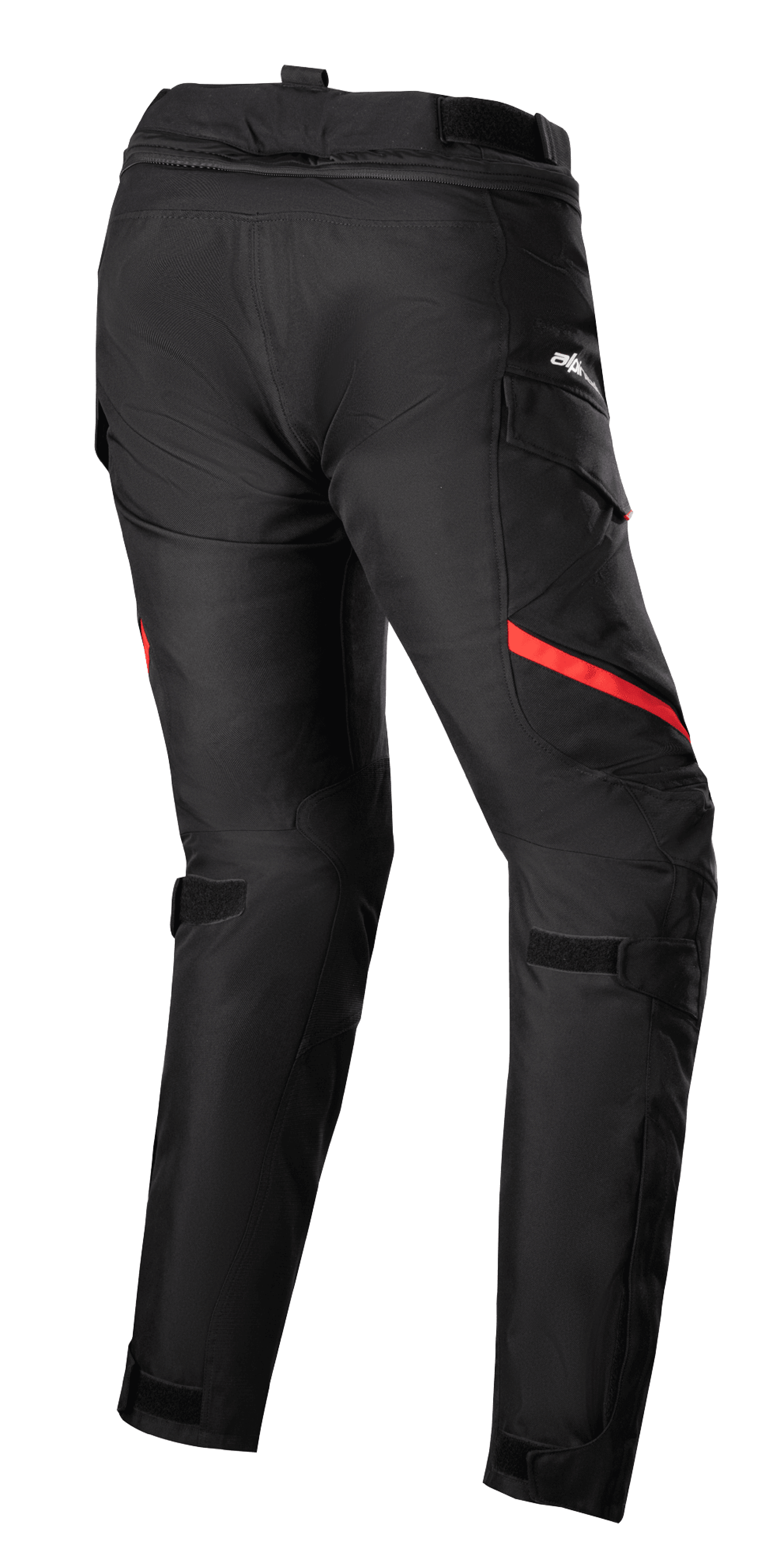 Alpinestars Stella Honda Andes V3 Drystar® bukser til damer, motorcykel touring-bukser, sort og klar rød, set bagfra med cargo-lommer, justerbare stropper ved talje og knæ, slidstærk tekstilkonstruktion til kørsel i al slags vejr
