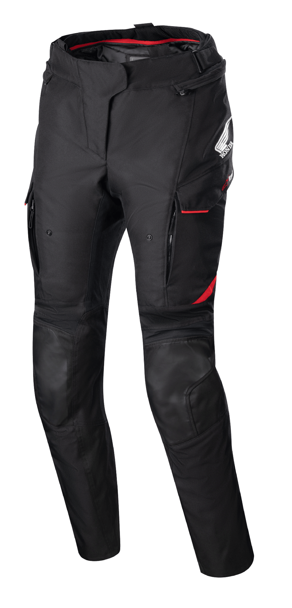 Alpinestars Stella Honda Andes V3 Drystar bukser til damer, tekstil motorcykelbukser, sort med klare røde detaljer, Honda og Alpinestars branding, cargolommer med rød kant, forstærkede knæpaneler, justerbar taljerem og rødt inderfor i taljen