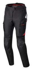 Alpinestars Stella Honda Andes V3 Drystar bukser til damer, tekstil motorcykelbukser, sort med klare røde detaljer, Honda og Alpinestars branding, cargolommer med rød kant, forstærkede knæpaneler, justerbar taljerem og rødt inderfor i taljen