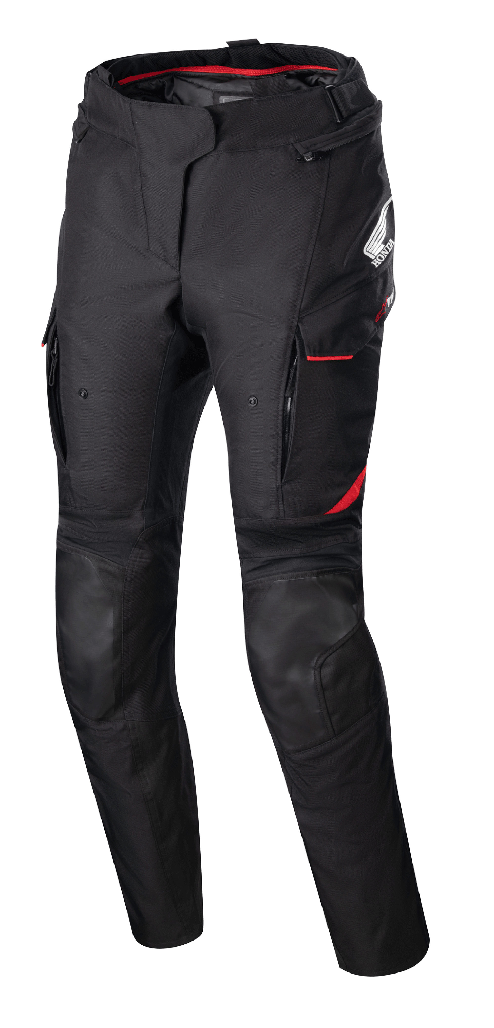 Alpinestars Stella Honda Andes V3 Drystar bukser til damer, tekstil motorcykelbukser, sort med klare røde detaljer, Honda og Alpinestars branding, cargolommer med rød kant, forstærkede knæpaneler, justerbar taljerem og rødt inderfor i taljen