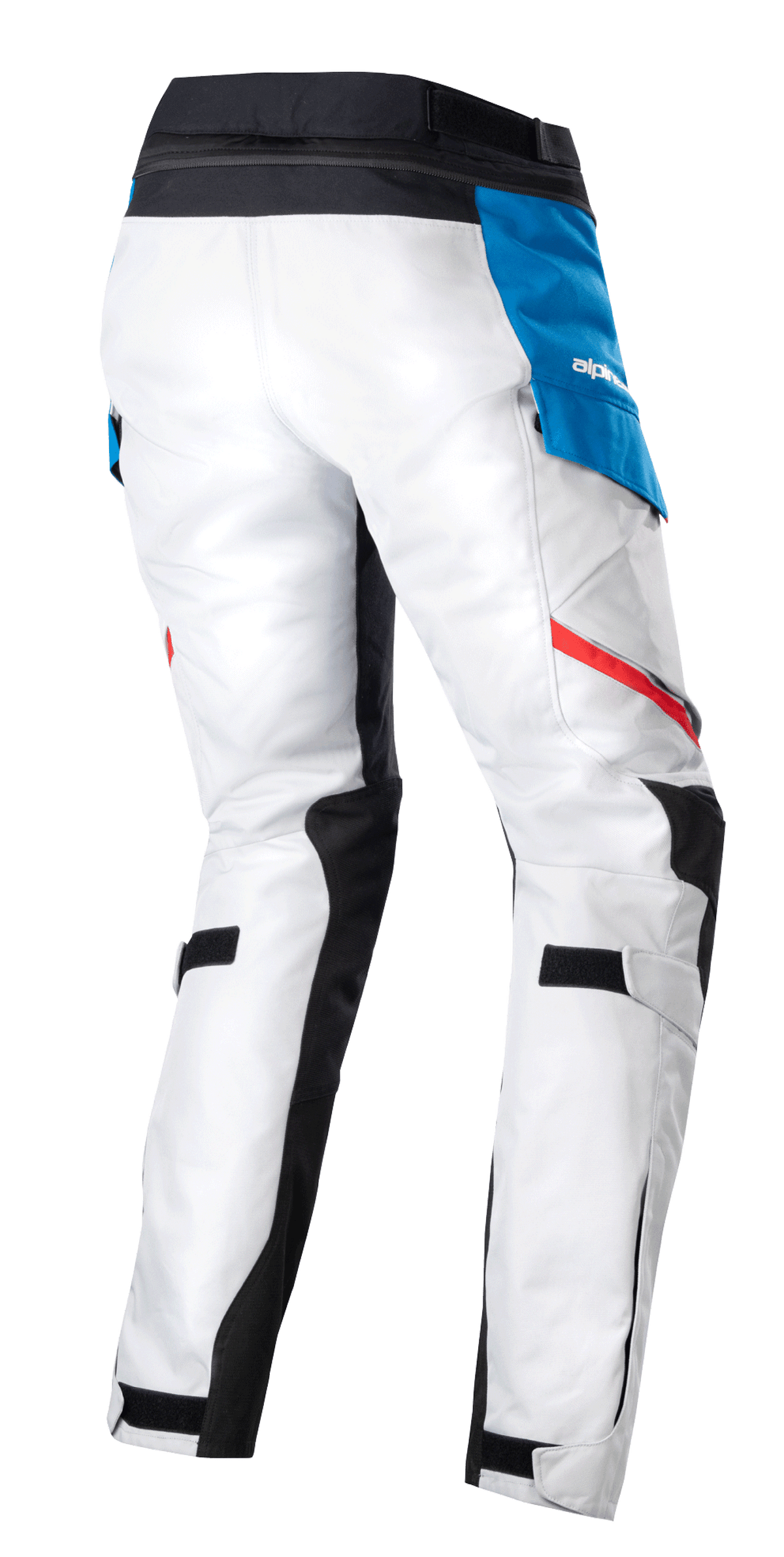 Alpinestars Stella Honda Andes V3 Drystar® bukser til damer, adventure touring motorcykelbukser, Ice Gray Blue Bright Red, set bagfra, isgrå tekstilkonstruktion, blå sidelomme med hvidt logo, sort linning og røde accentstriber