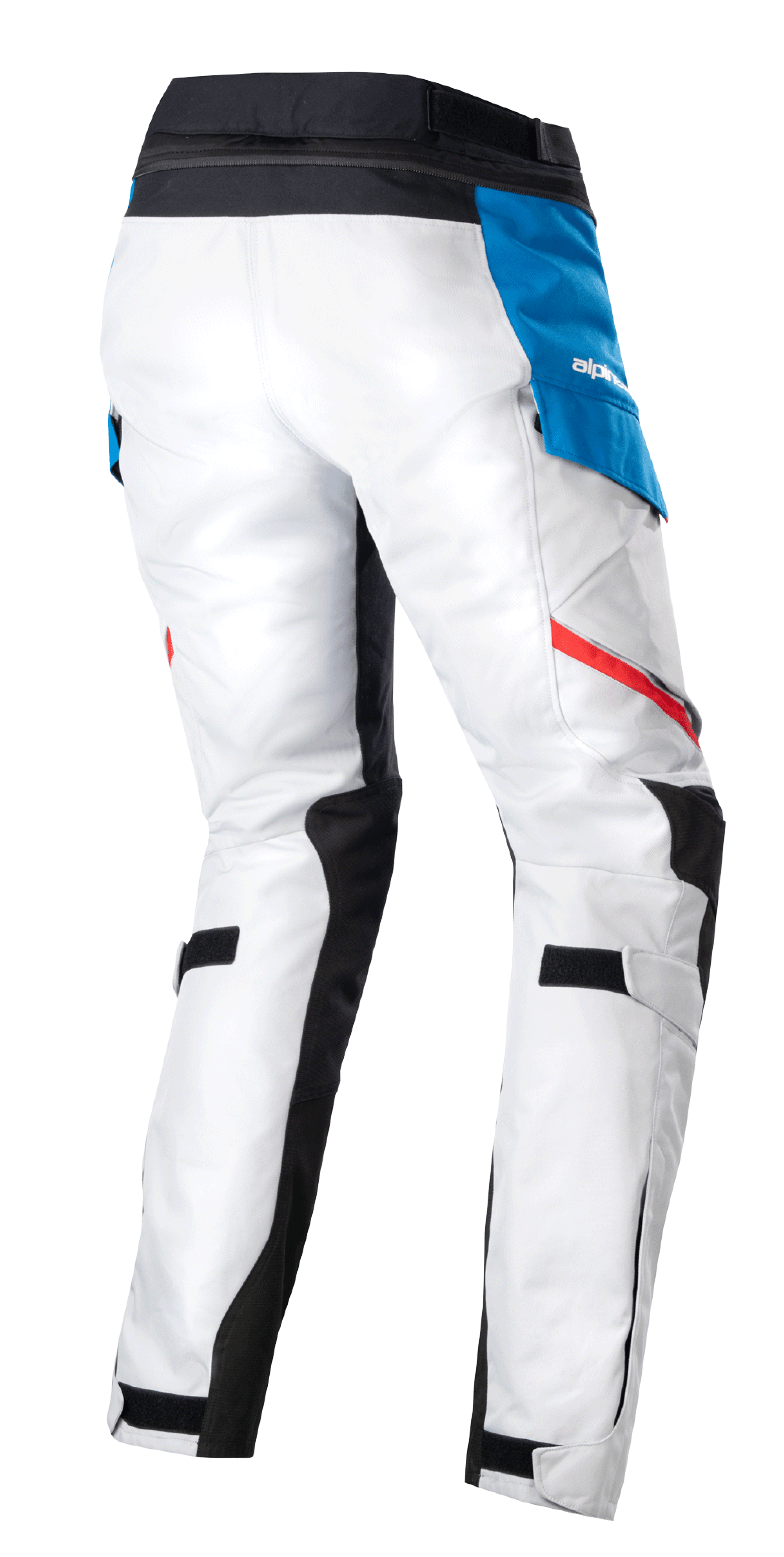 Alpinestars Stella Honda Andes V3 Drystar® bukser til damer, adventure touring motorcykelbukser, Ice Gray Blue Bright Red, set bagfra, isgrå tekstilkonstruktion, blå sidelomme med hvidt logo, sort linning og røde accentstriber